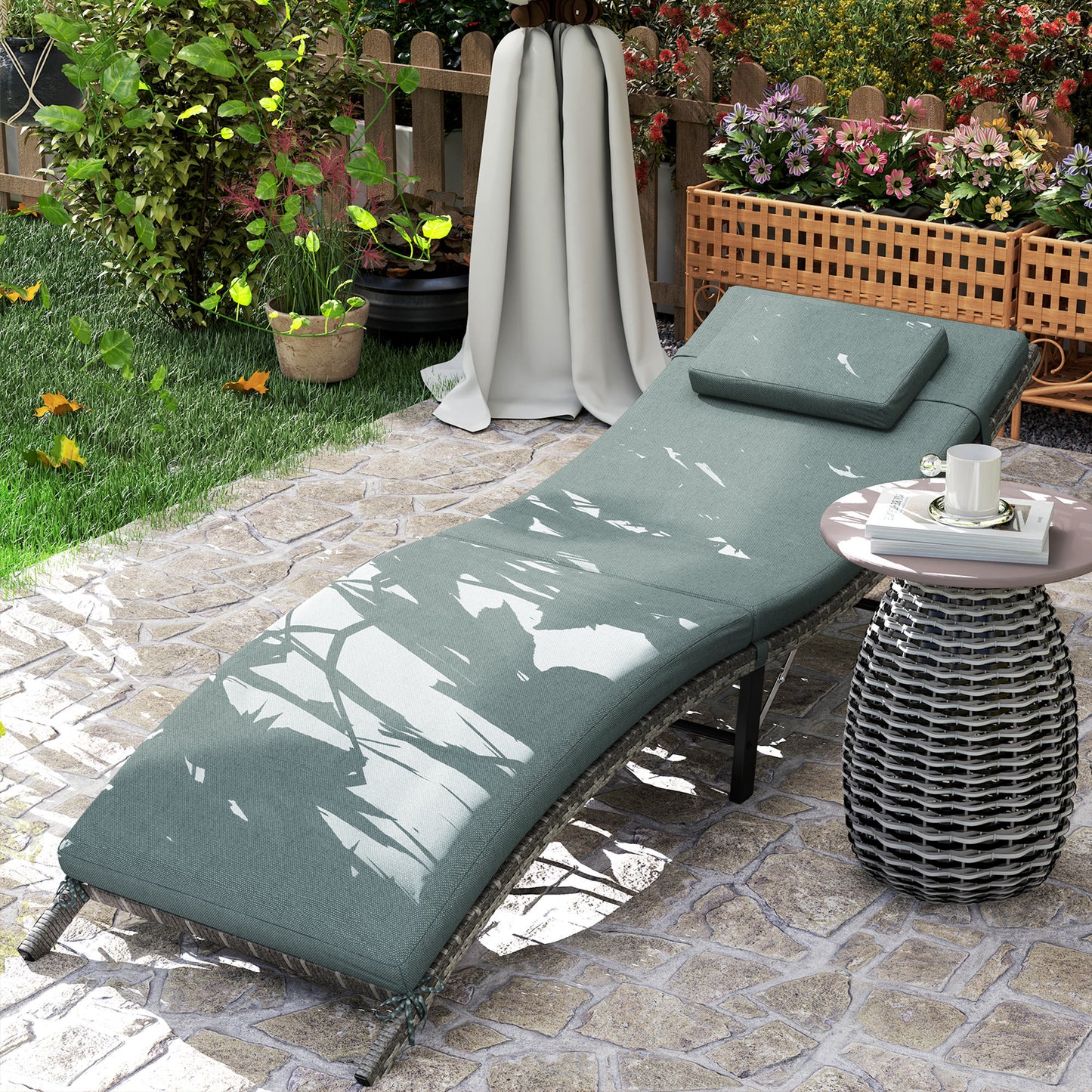 Outsunny Rattan Folding Sun Lounger Outdoor Chair With Cushion And Pillow Mixed Grey Weather Resistant