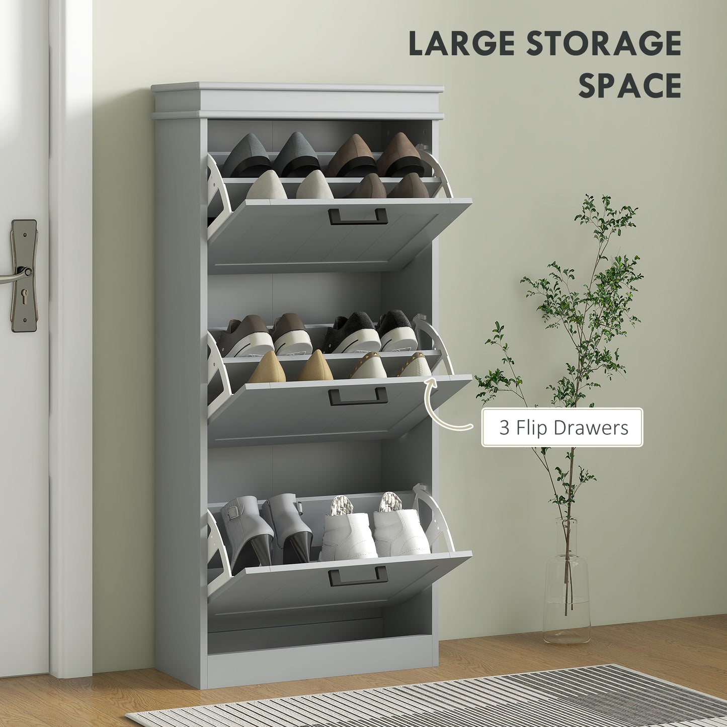 HOMCOM Three Drawer Minimalistic Shoe Cabinet Grey With Adjustable Shelves For 15 Pairs Of Shoes