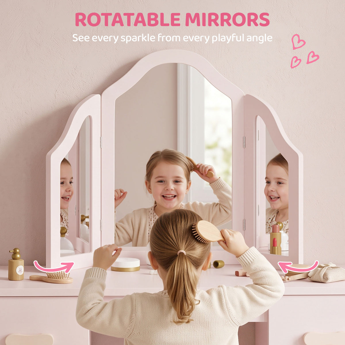 Kids white and pink vanity table with tri-fold mirror for pretend grooming