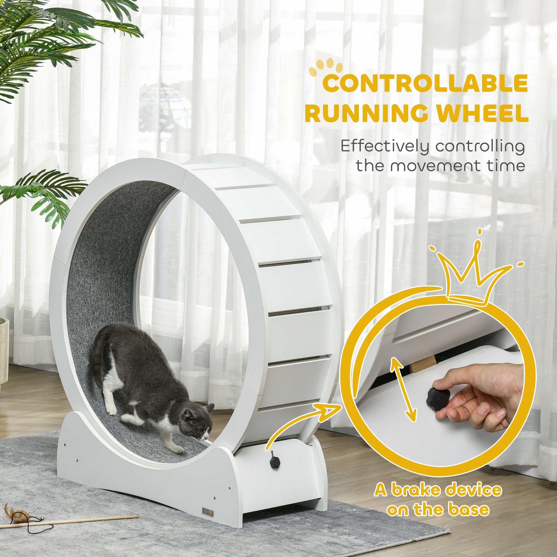 PawHut 30" Stylish Wooden Cat Exercise Wheel with Safety Brake, White - ALL4U RETAILER LTD