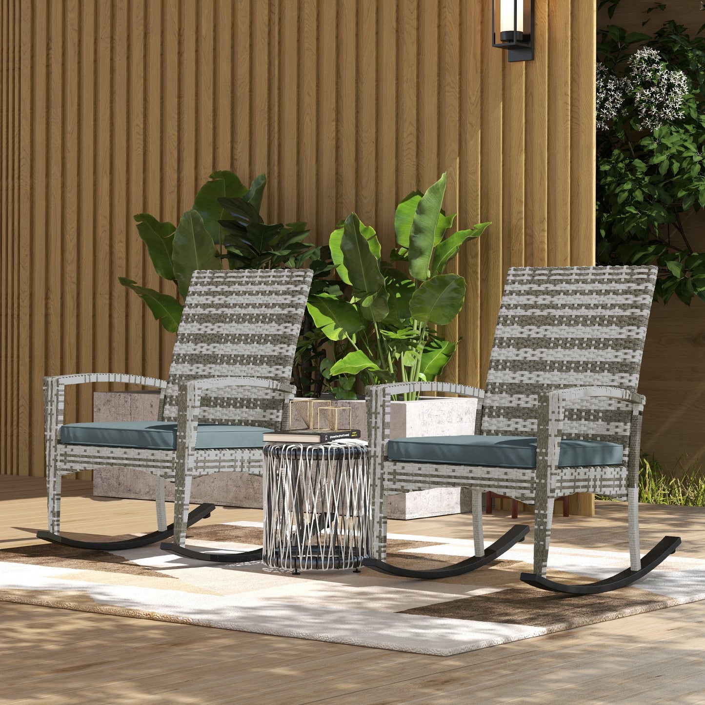 Outsunny Set of 2 Modern Light Grey PE Rattan Garden Rocking Chairs with Cushions and Armrests - ALL4U RETAILER LTD