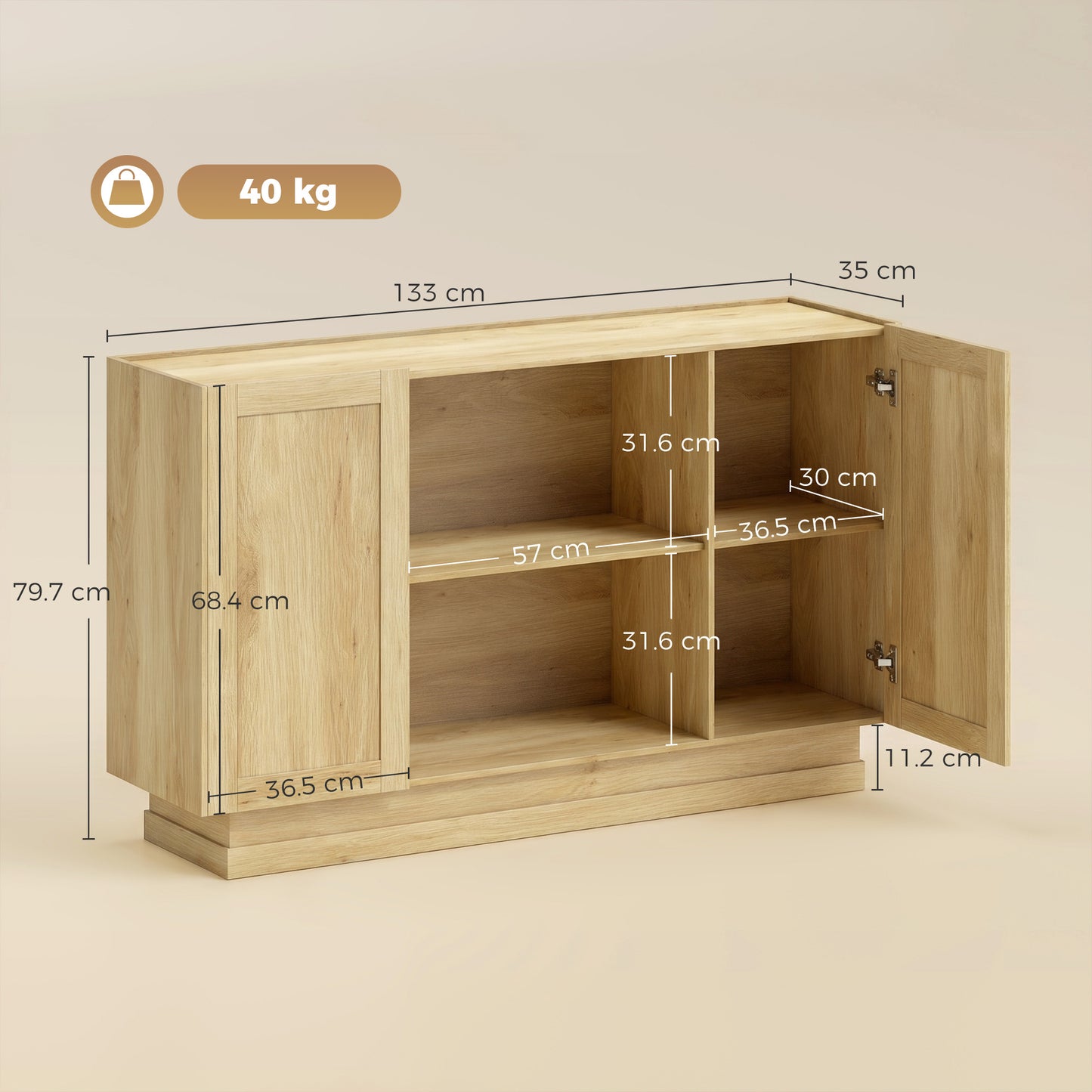 HOMCOM Sideboard Buffet Cabinet 133 cm Storage With 2 Open Shelves And 2 Cupboards Soft Close Doors Natural Finish