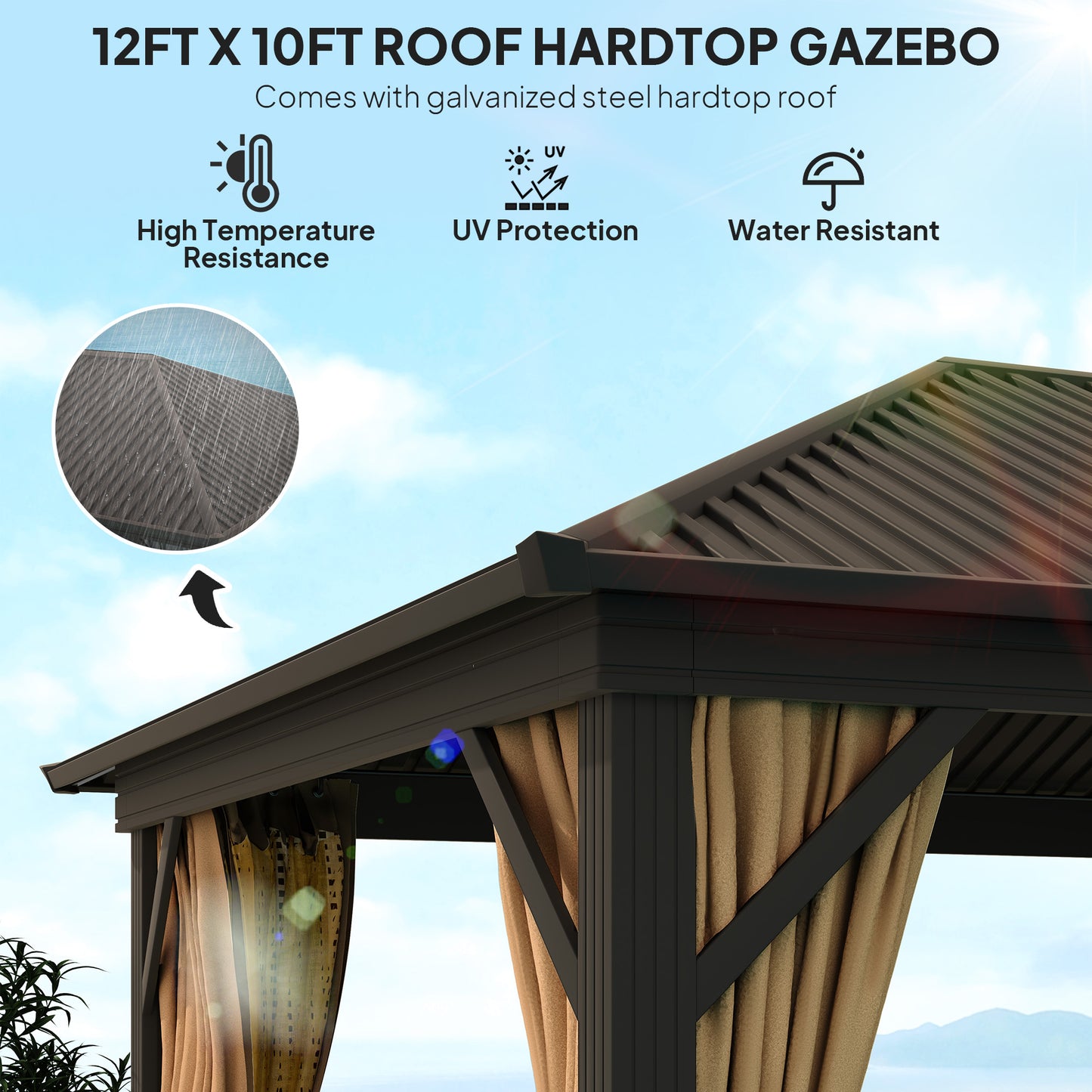 Outsunny 3.6 By 3 Metre Aluminium Hardtop Gazebo With Curtains Mesh Inset Brown With Accessories Included