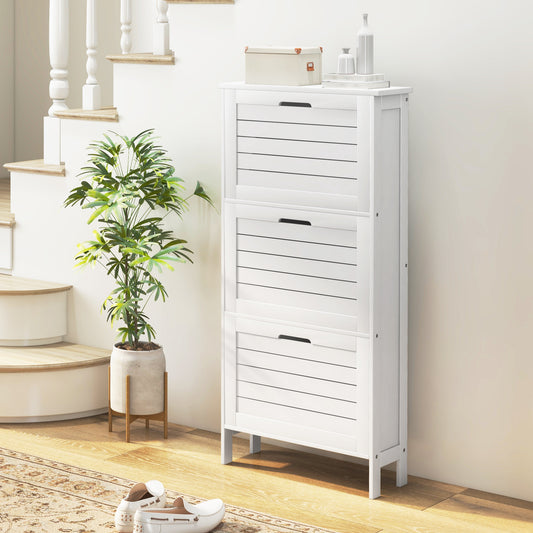 HOMCOM Narrow Shoe Cabinet With Three Flip Doors For Hallways White Storage Organizer