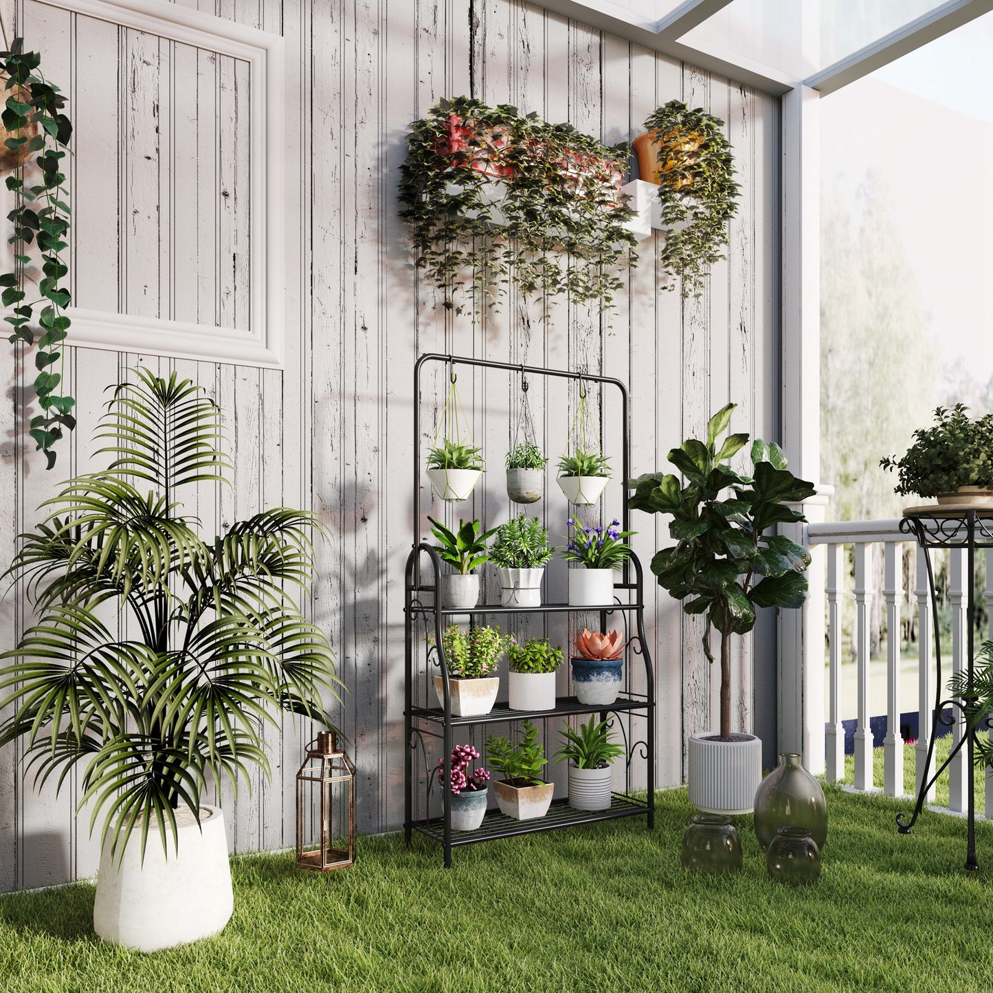 Outsunny 3 Tier Plant Stand With Hanging Rod And Hooks Metal Rack For Indoor Outdoor Porch Balcony Black