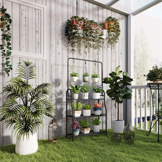 Outsunny 3 Tier Plant Stand With Hanging Rod And Hooks Metal Rack For Indoor Outdoor Porch Balcony Black