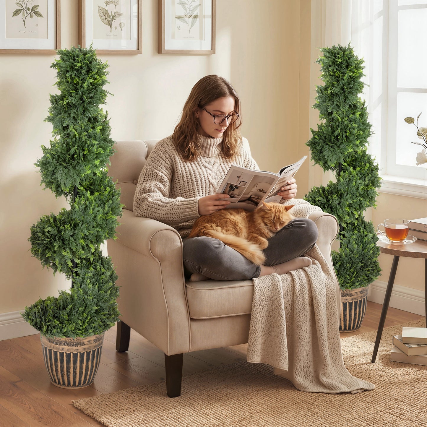HOMCOM Set of 2 Artificial Topiary Spiral Boxwood Trees with Pots for Indoor Outdoor Decor 120cm
