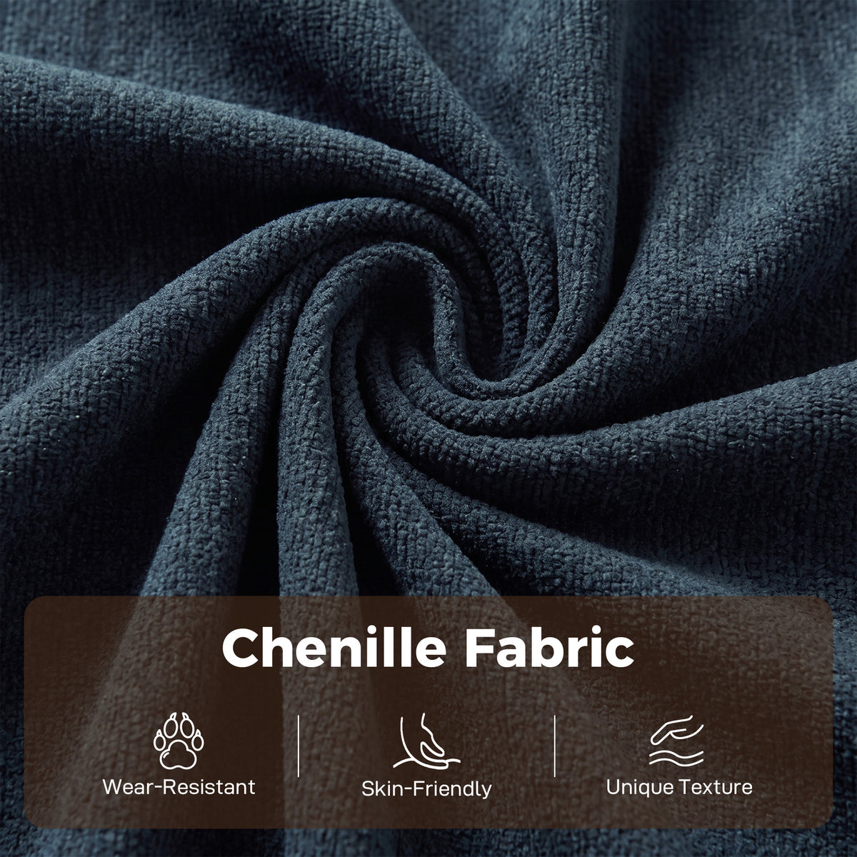 Dark blue chenille fabric close-up with textured weave
