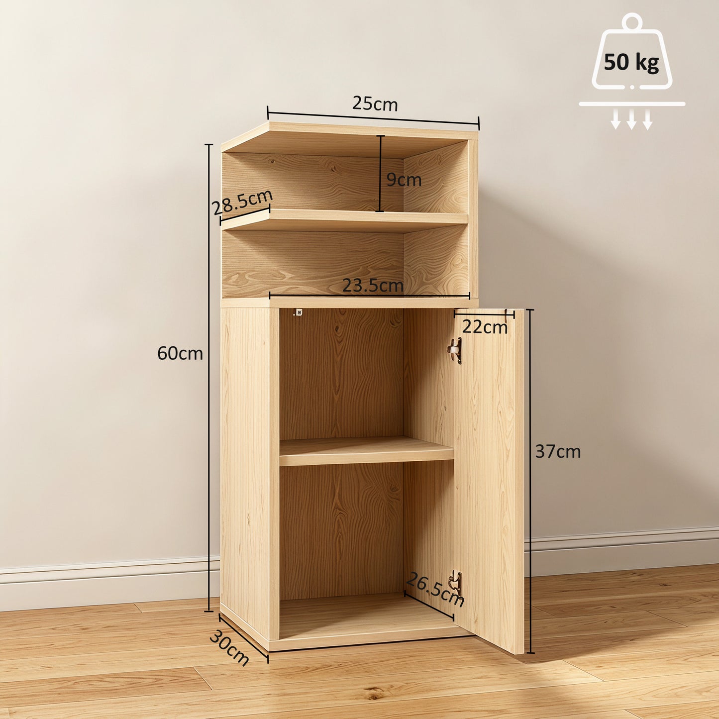 HOMCOM Slim Bedside Table Set Of 2 Narrow Cabinets With Open Cubbies And Cupboard In Oak Finish For Bedroom Living Room