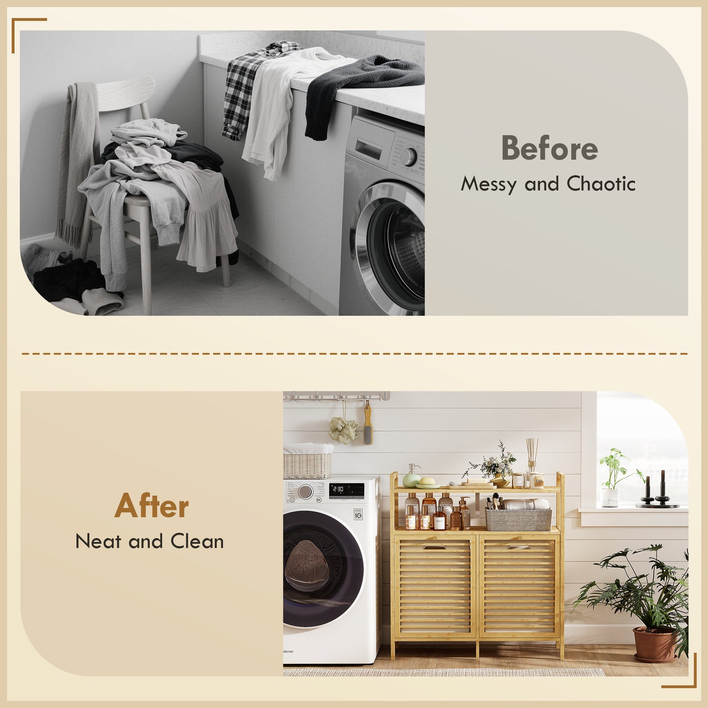 HOMCOM Double Tilt Out Bamboo Laundry Cabinet Freestanding Bathroom Storage With 2 Removable Baskets Natural Finish