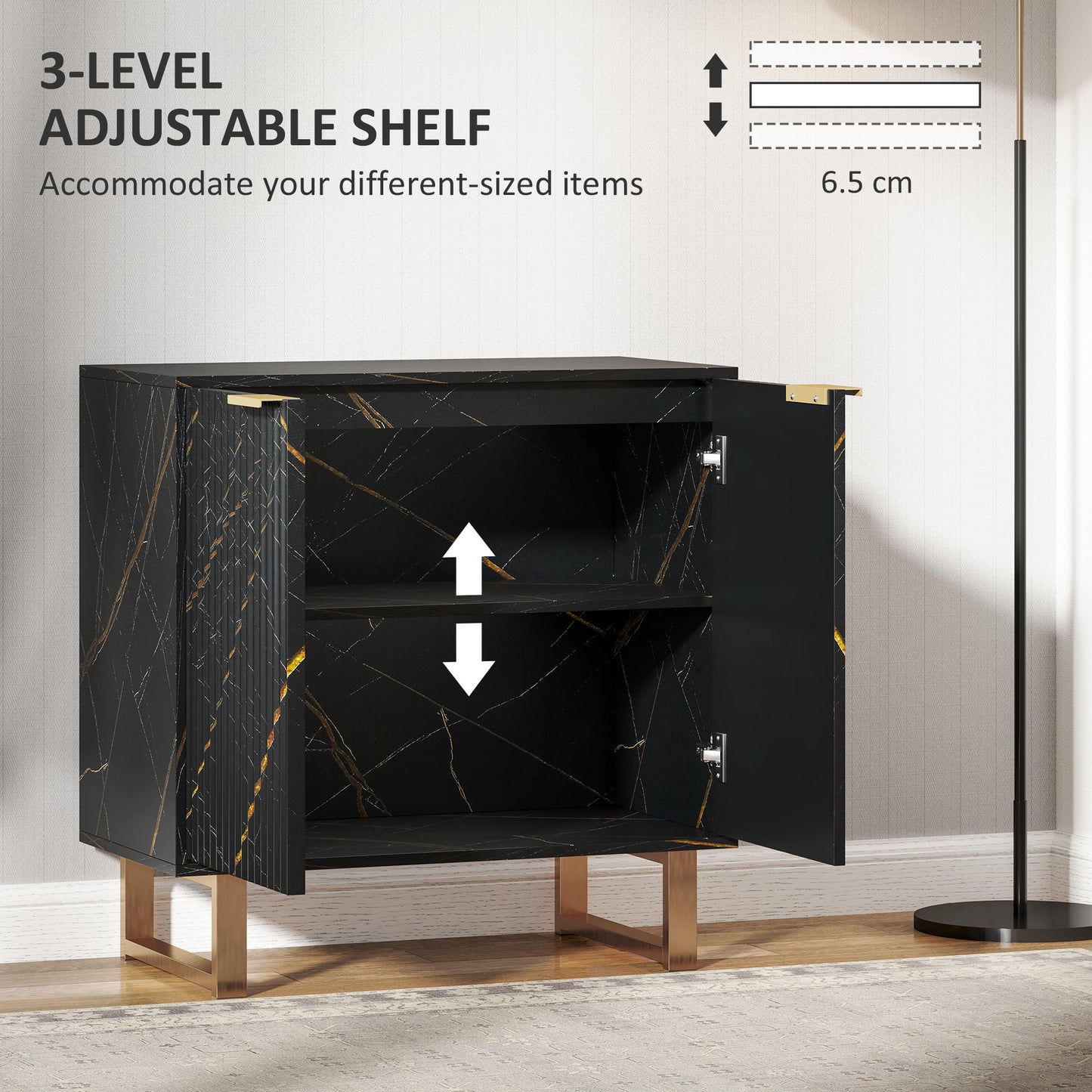 HOMCOM Marble Effect Sideboard Accent Cabinet With Adjustable Shelf Fluted Doors And Drawers Black