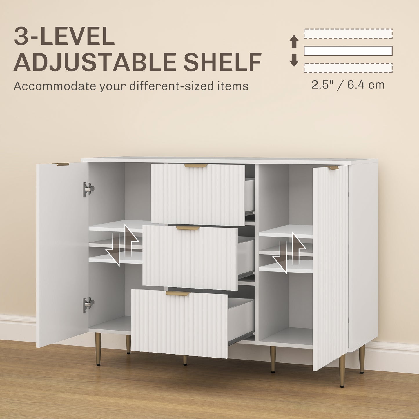 HOMCOM Two Door Sideboard With 3 Drawers And Adjustable Shelves White For Living Room And Kitchen Storage