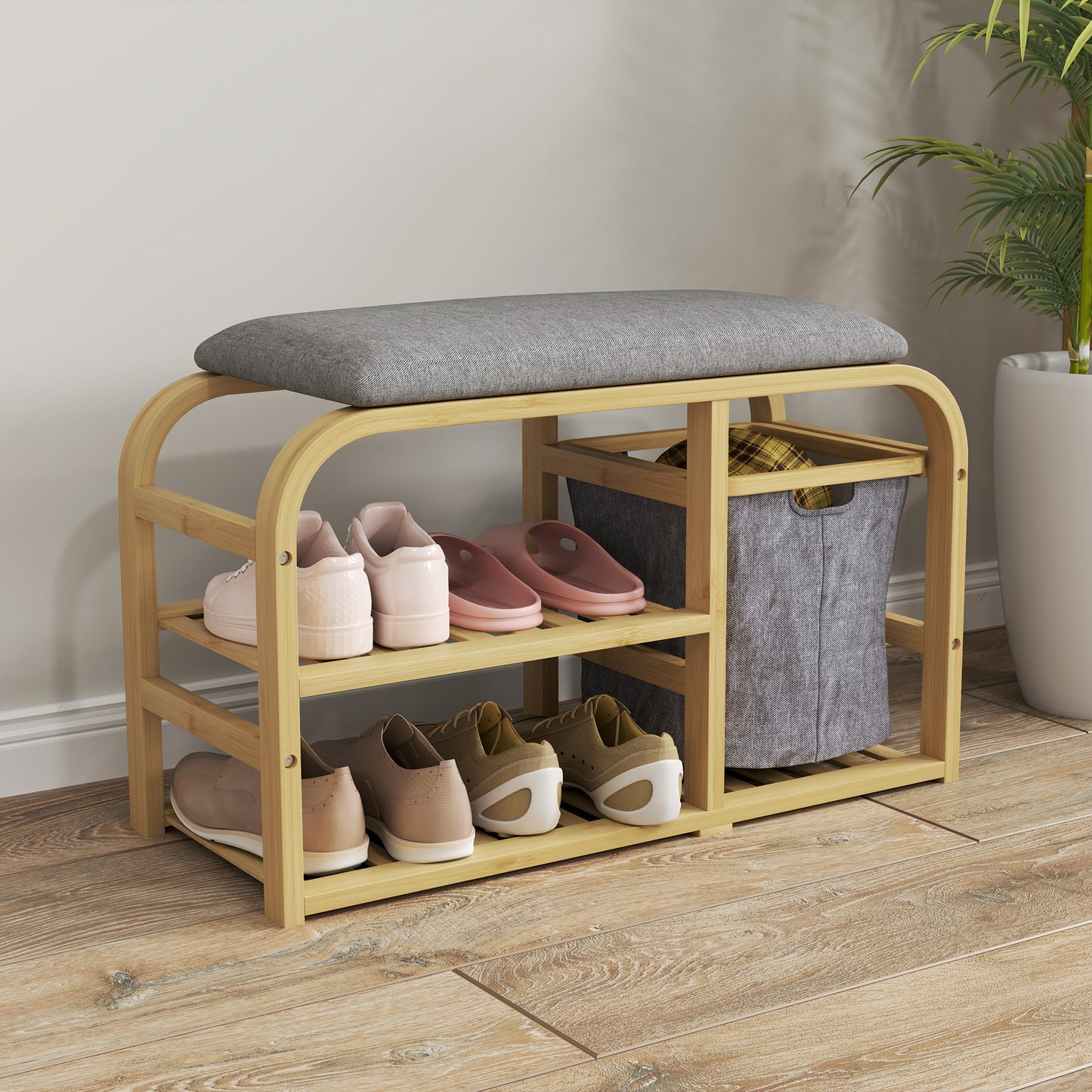 HOMCOM Bamboo Shoe Storage Bench With Cushioned Seat And Linen Fabric Upholstery Nature Wood Finish