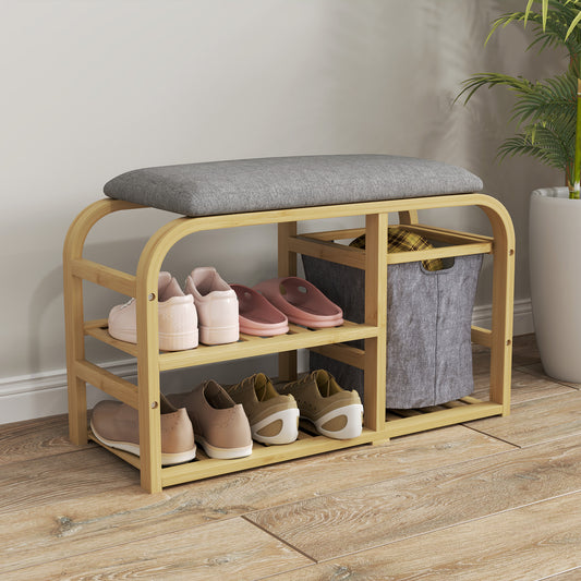 HOMCOM Bamboo Shoe Storage Bench With Cushioned Seat And Linen Fabric Upholstery Nature Wood Finish