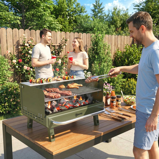 Outsunny Portable Charcoal BBQ Grill with Adjustable Grates, Foldable Legs, Side Shelf for Camping Travel Green