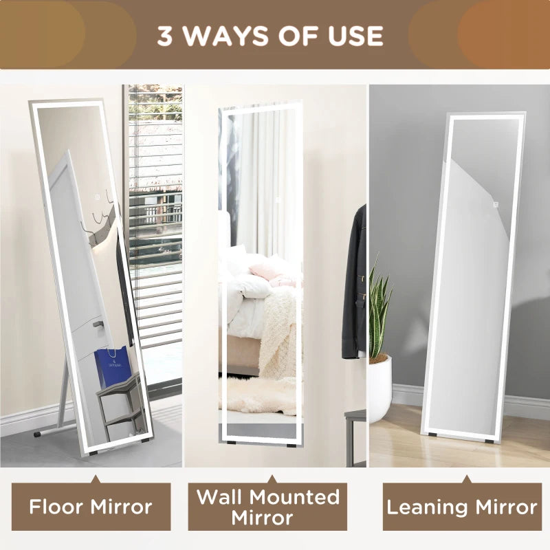 HOMCOM Standing Dressing Mirror with LED Lights, Wall-Mounted Vanity Mirror for Bedroom with Dimmable and 3-Color Lighting Options - White - ALL4U RETAILER LTD