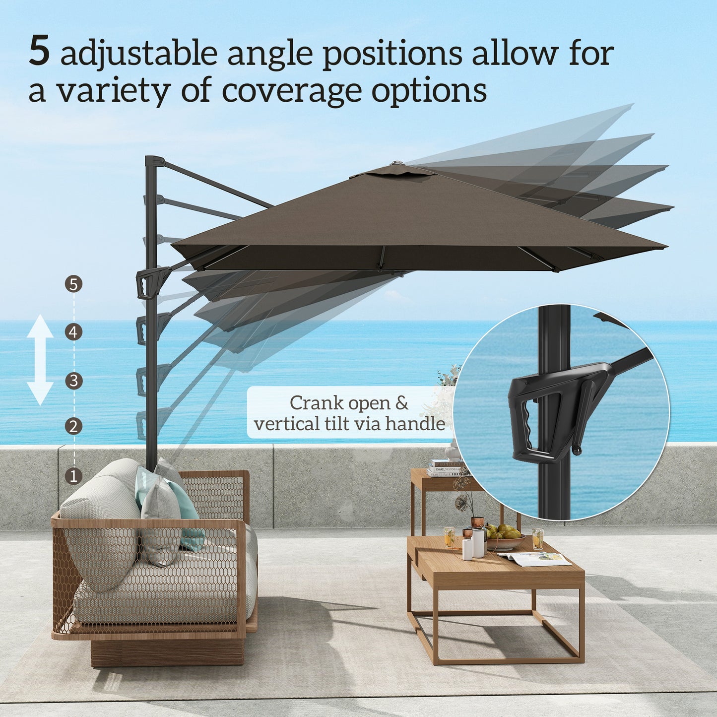 Outsunny Patio Offset Parasol Umbrella With Base Included Tan Aluminium Pole Five Position Adjustable 360 Movement
