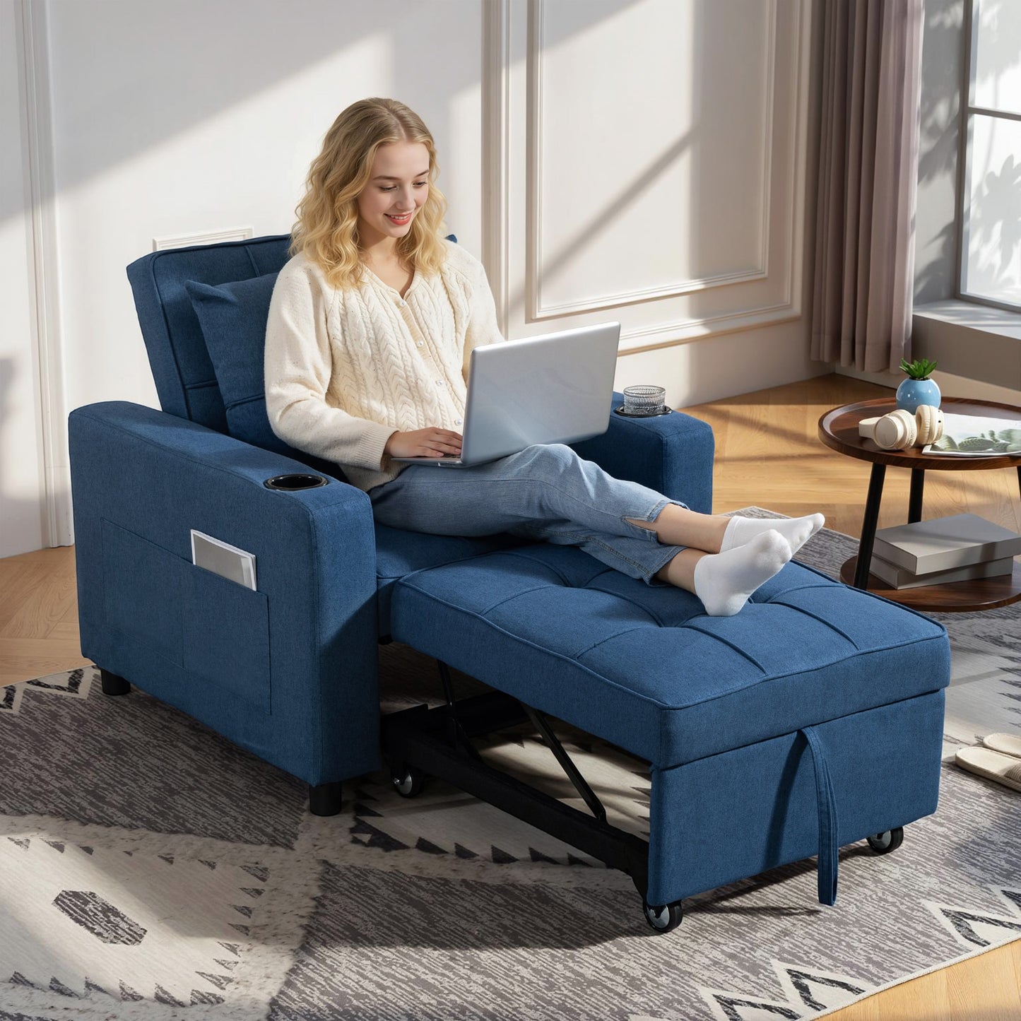 HOMCOM 3 In 1 Sofa Bed Convertible Armchair Lounger And Single Bed Dark Blue 95 x 190 cm