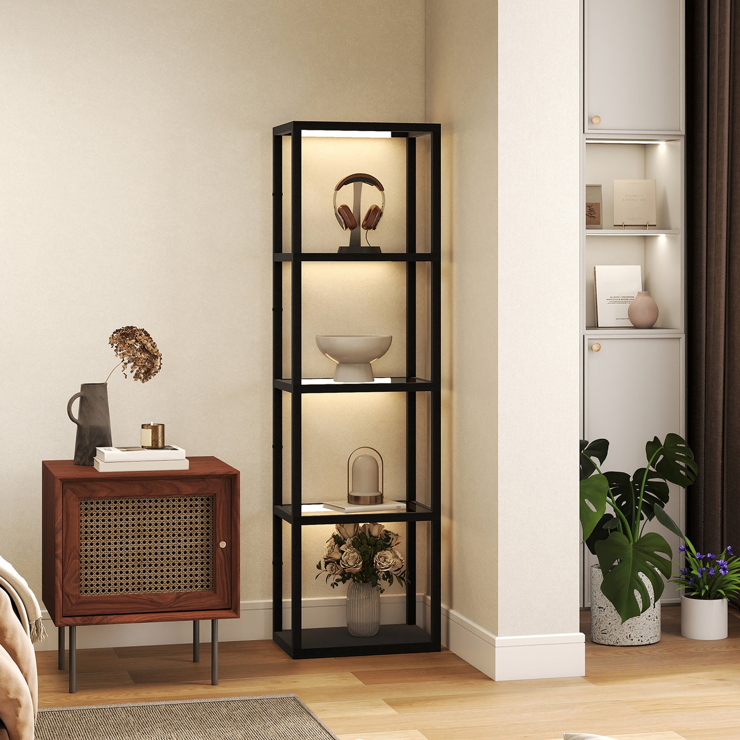 HOMCOM Four Shelf Floor Lamp With Four Warm White LEDs And Storage Shelves And Tempered Glass Black Finish