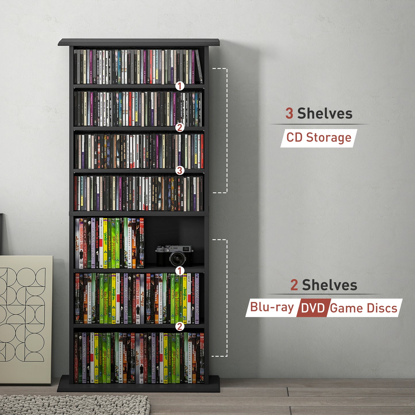 Homcom 360 CD Storage Unit Black With 6 Adjustable Shelves Holds 360 CDs 185 DVDs Blu Rays Wall Anti Tip Straps