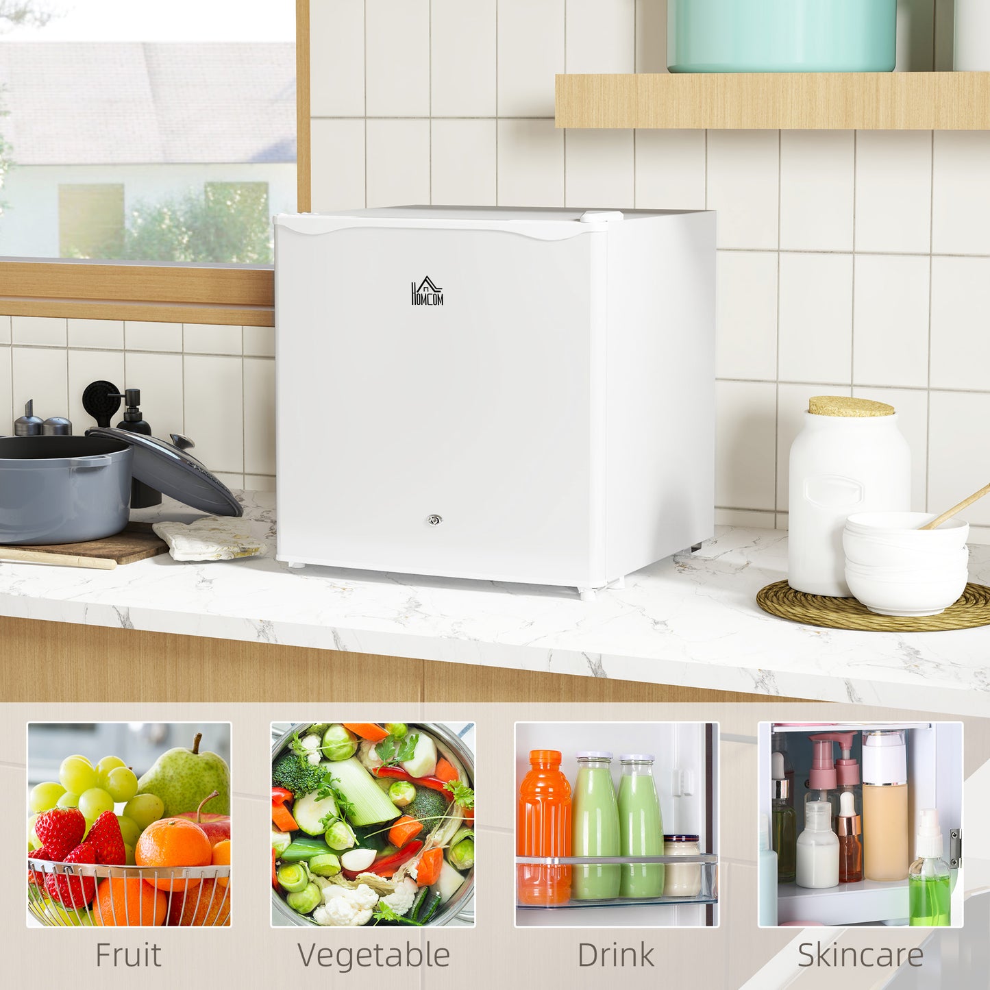 HOMCOM 46 Litre Lockable Countertop Fridge Cream White Ideal For Home Office Small Kitchen