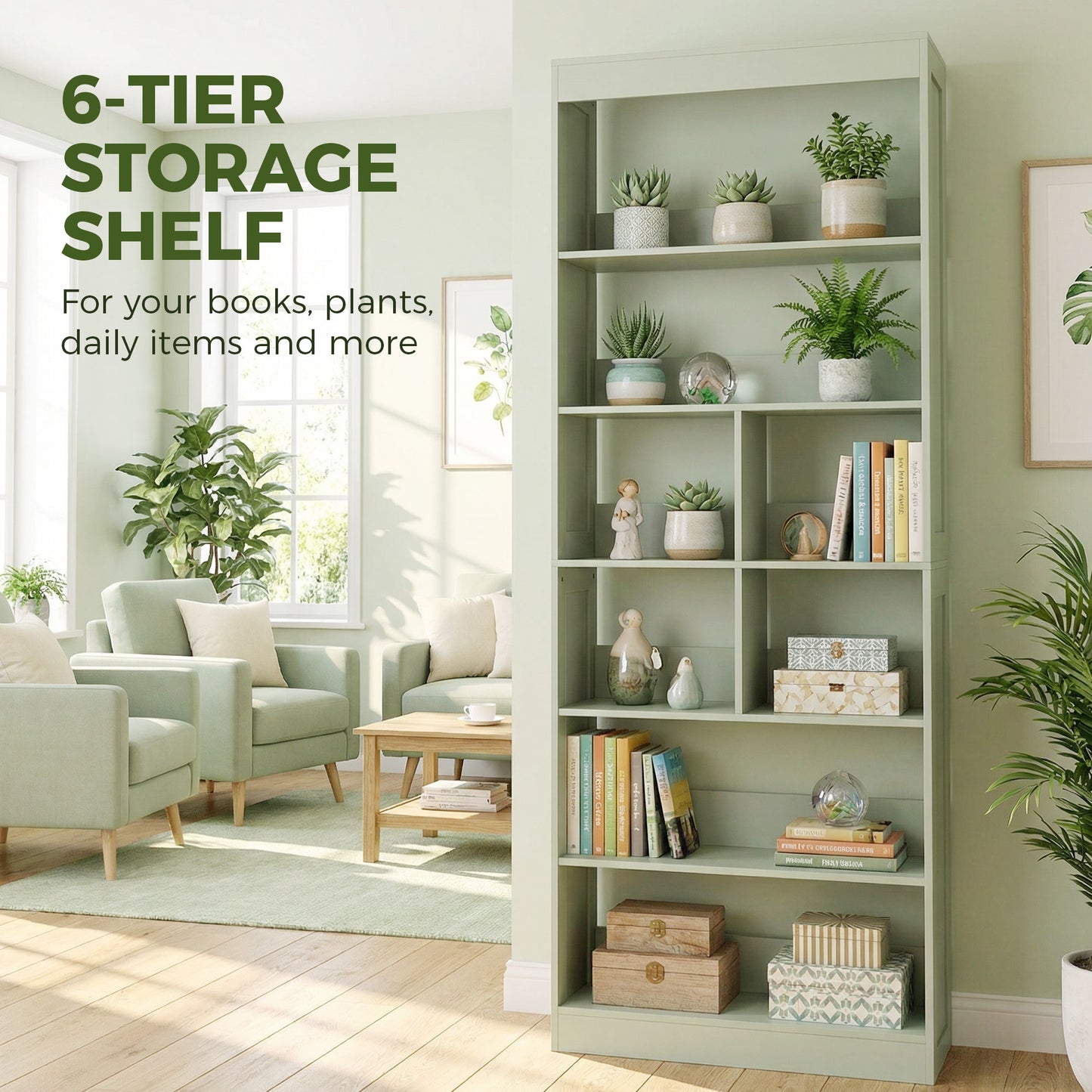 HOMCOM Six Tier Bookcase With Open Storage Shelves And Cubes 180 Cm Tall Green Anti Tipping Display Shelf