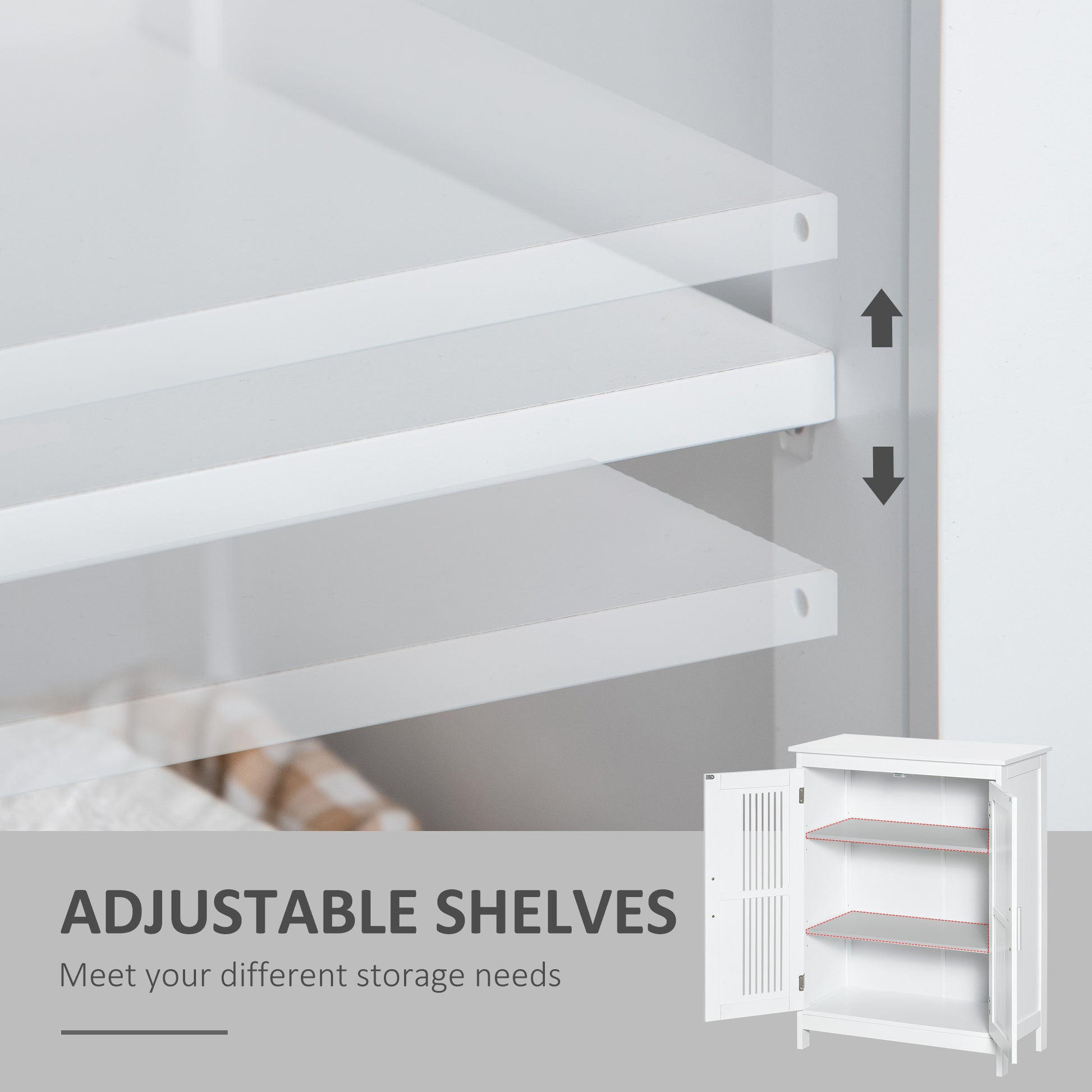 White storage cabinet with adjustable shelves, close up detail, home organization furniture