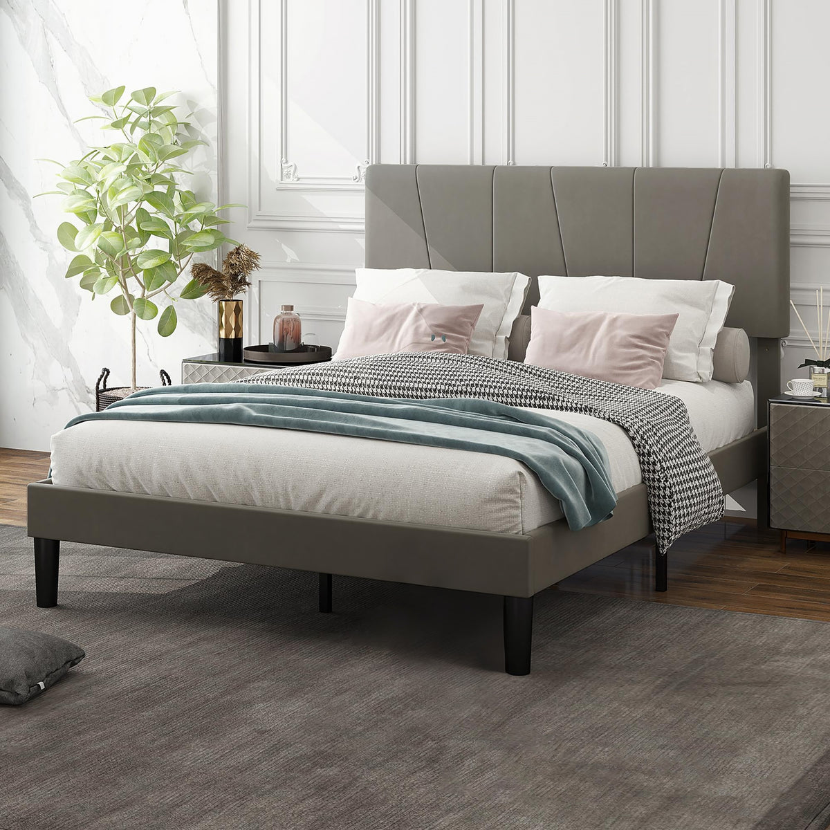 Grey velvet-feel double bed frame with tall headboard and dark low legs