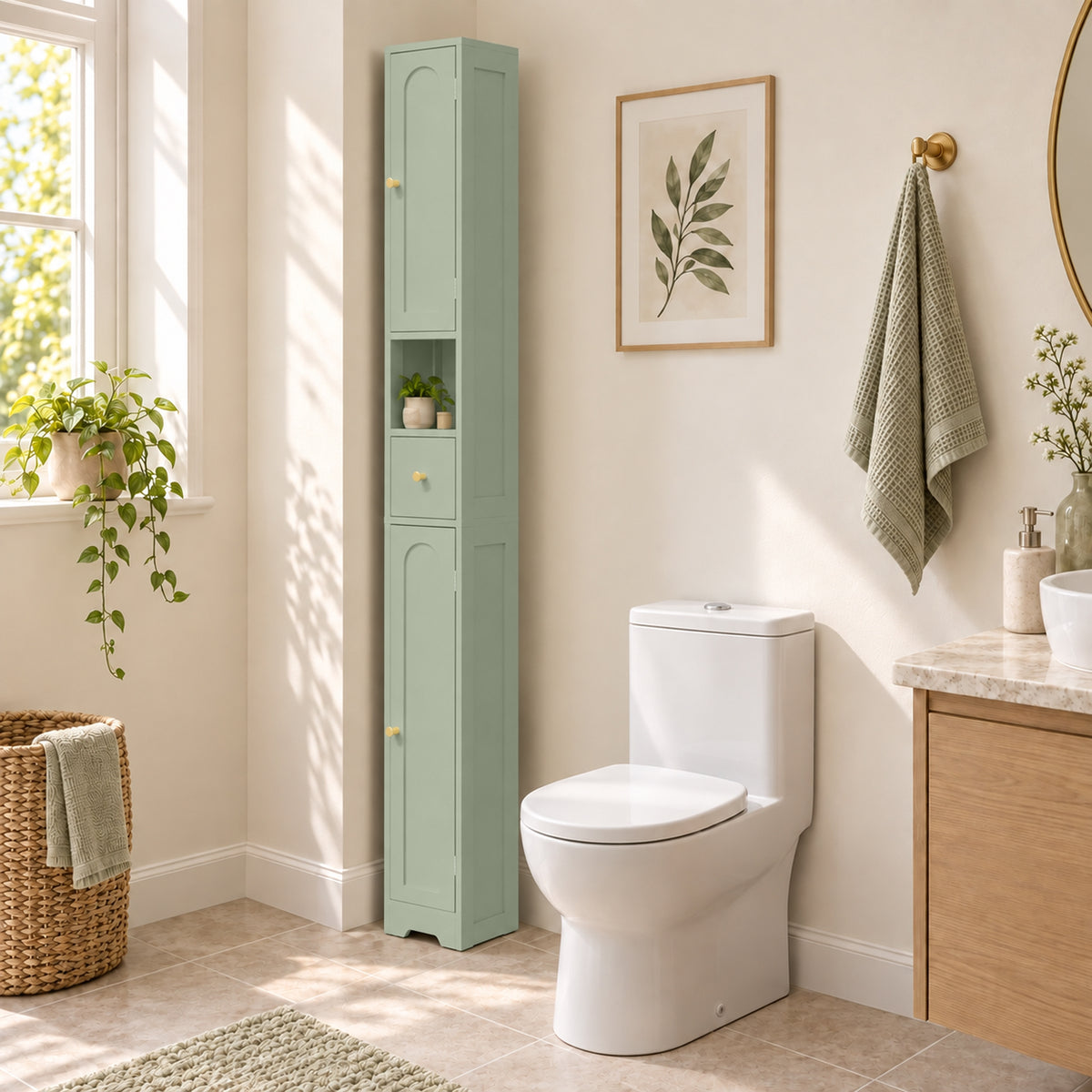 Light green tall bathroom cabinet with arched door panels and stacked storage shelves.