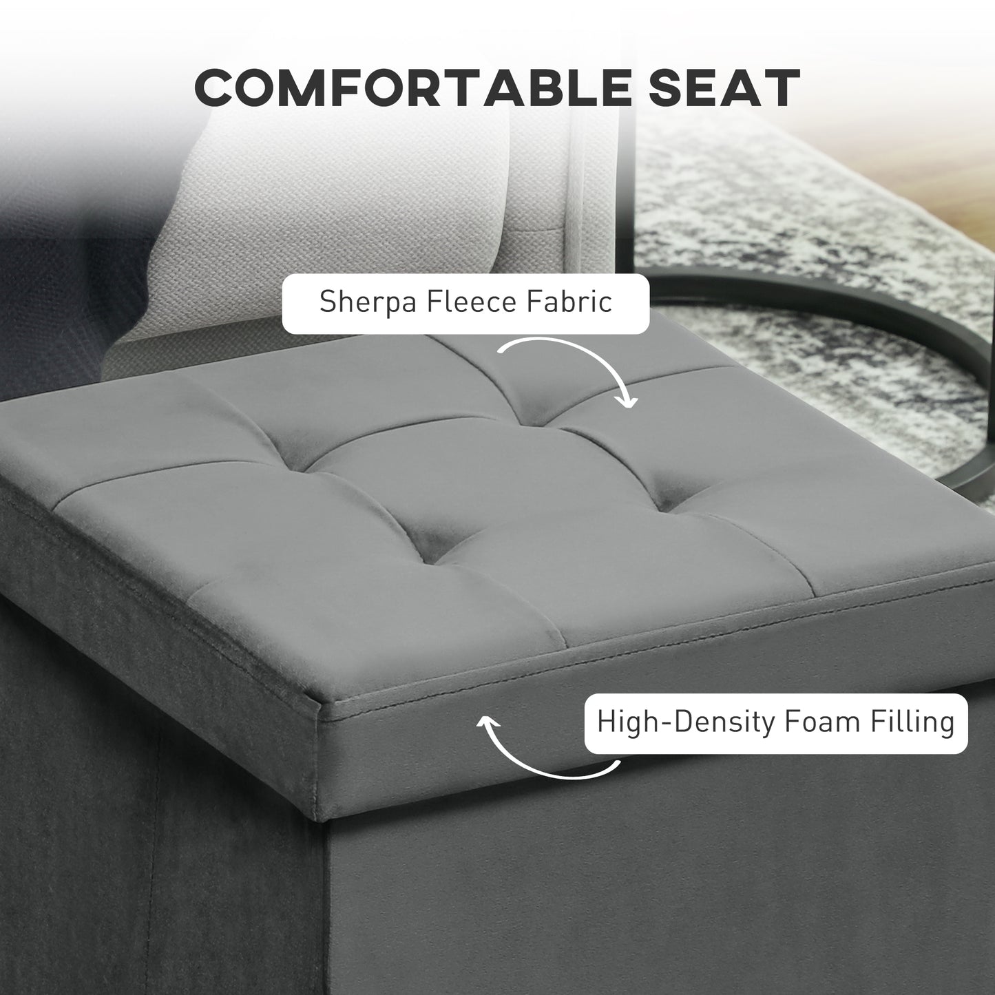 HOMCOM Foldable Velvet Feel Storage Ottoman Grey With High Density Foam And Hidden Space Saving Storage Box