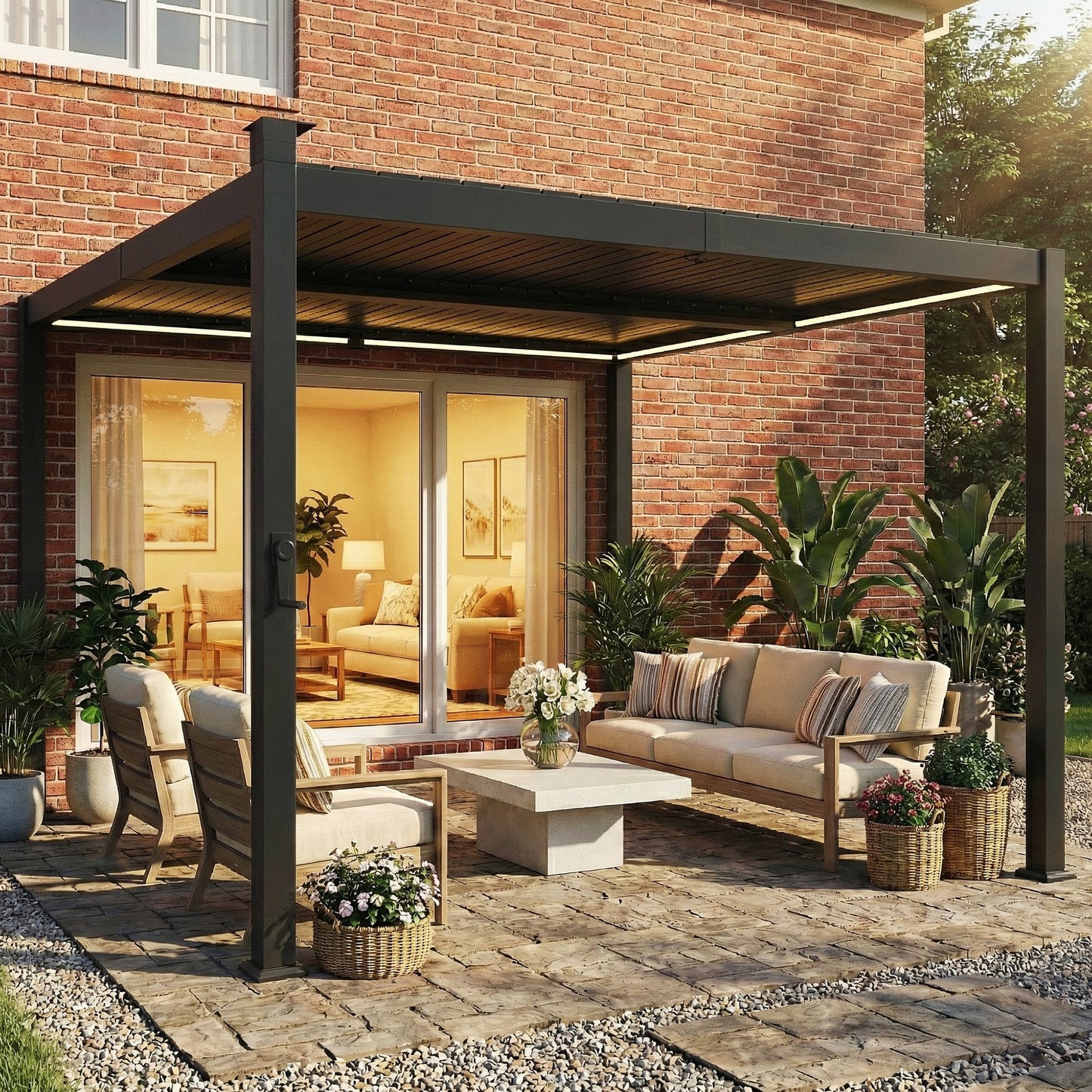 Outsunny 3 x 3 m Louvered Pergola With Solar LED Lights Metal Roof Drainage Gutters Black