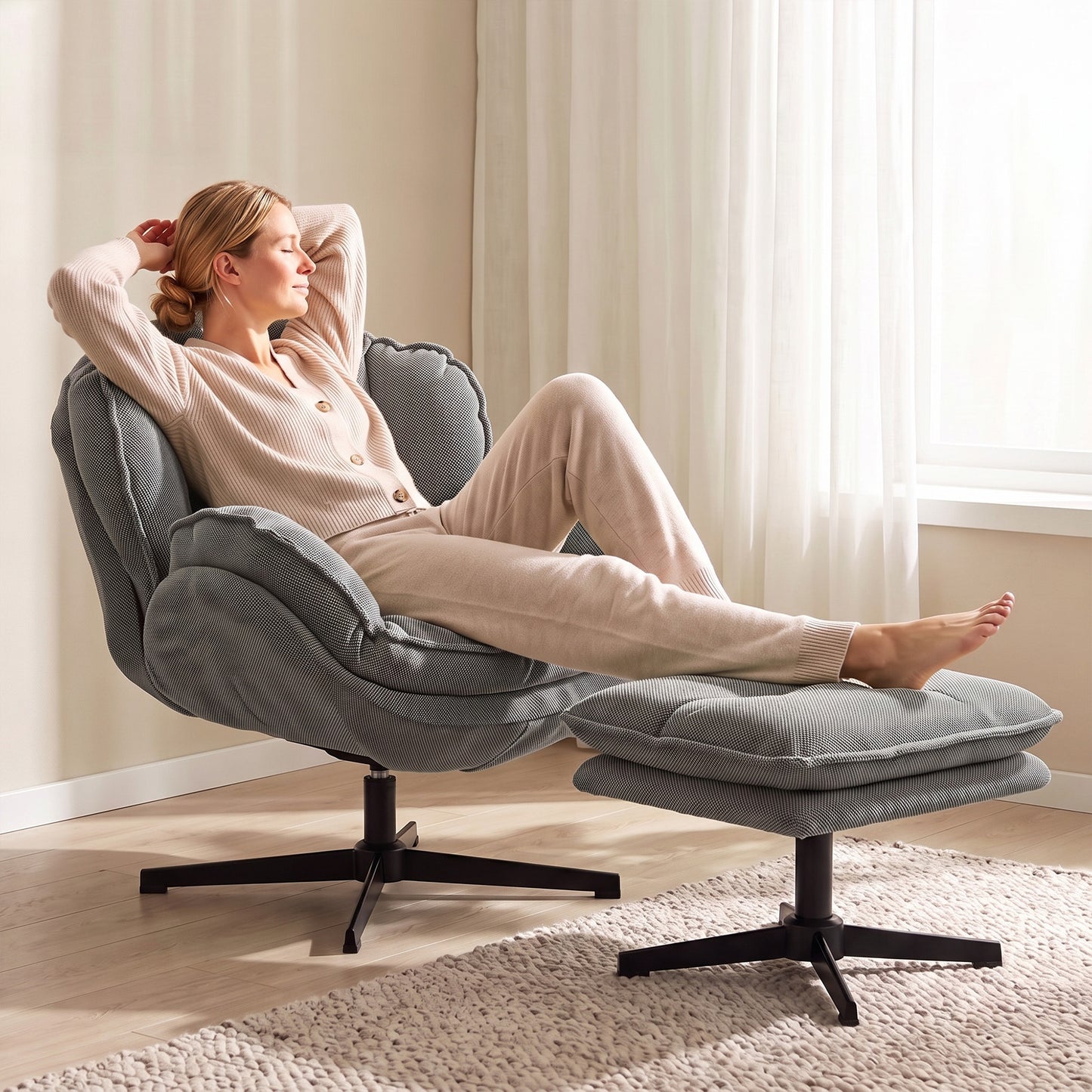 Homcom Grey Swivel Armchair With Adjustable Footstool And Plush Cloud Seat