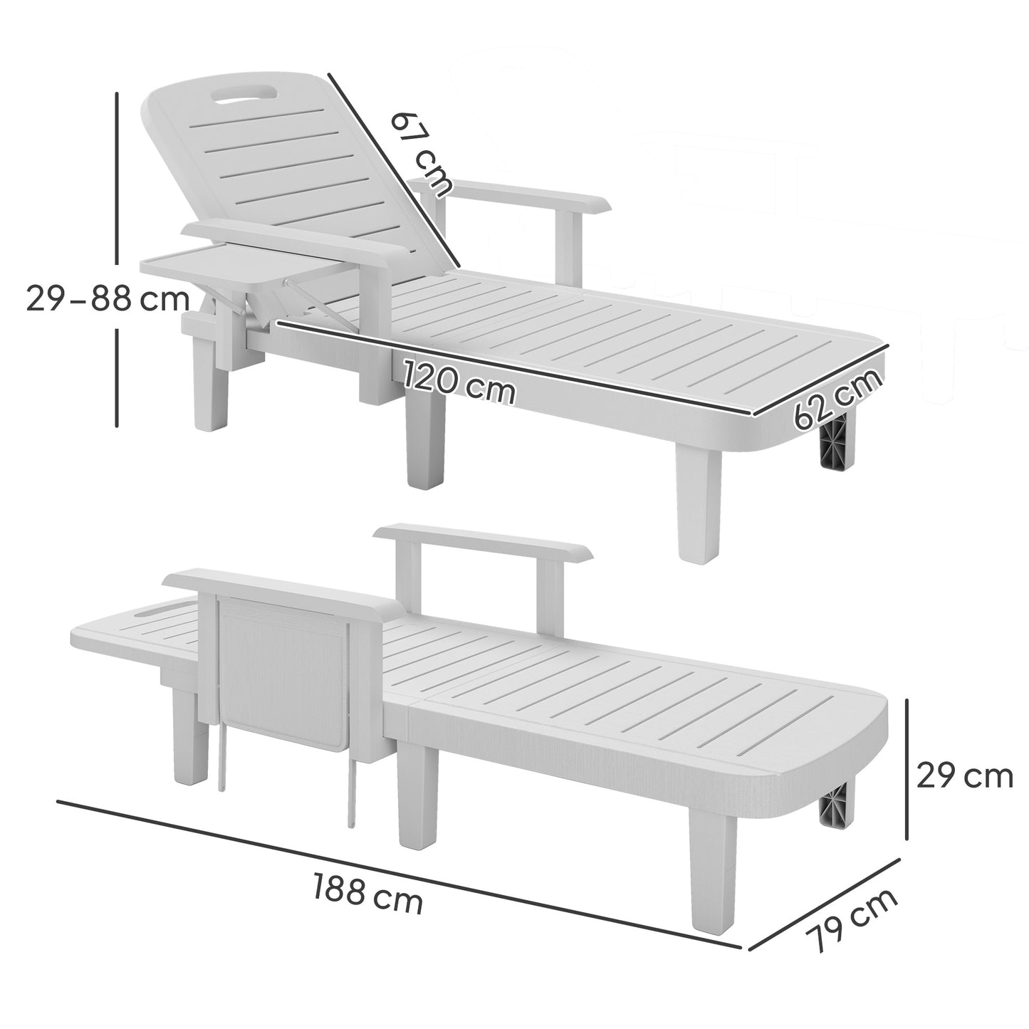 Outsunny Set Of 2 Resin Sun Loungers For Garden With Wood Grain Surface Armrests And Foldable Side Table White