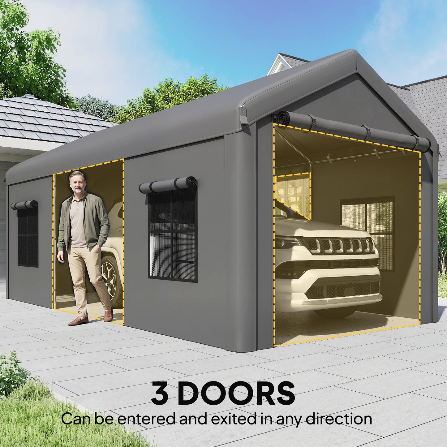 Outsunny 3 x 6 m Heavy Duty Carport Portable Garage Car Canopy Tent with Galvanised Frame Doors Windows Dark Grey