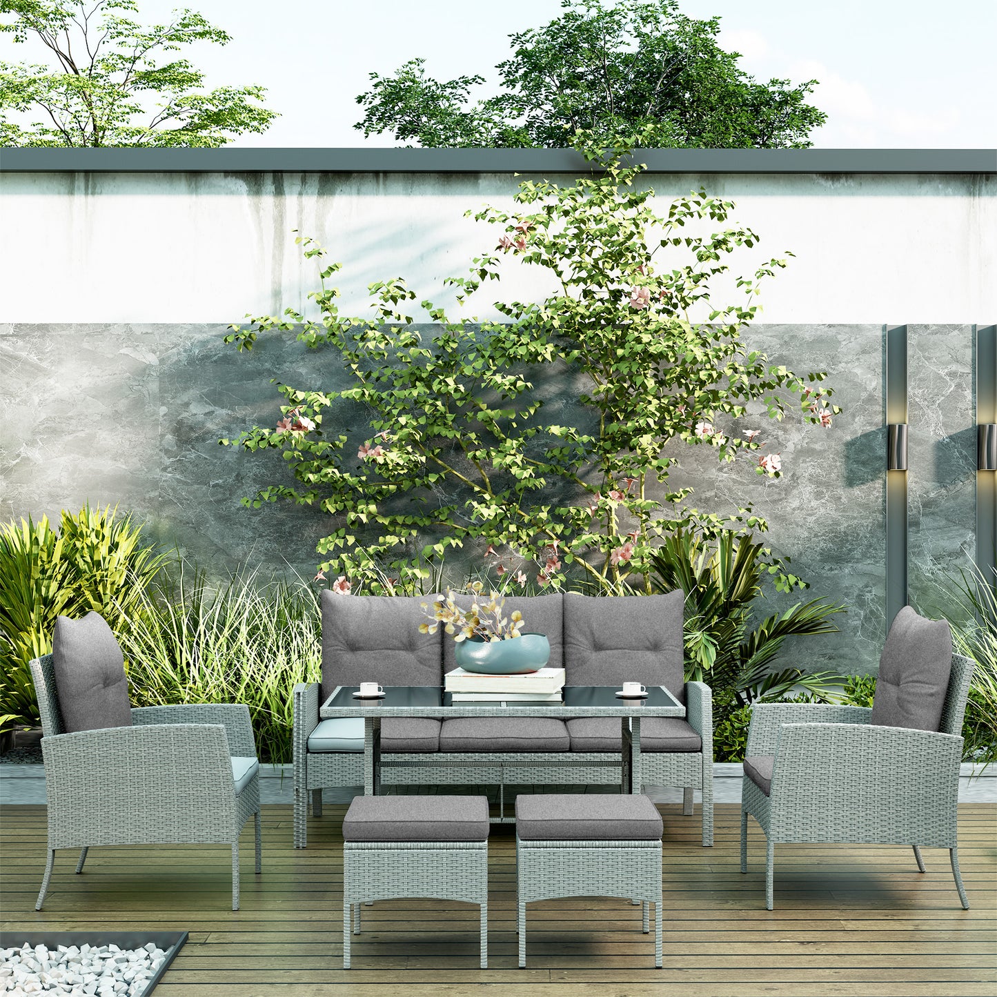 Outsunny 7 Seater Rattan Garden Furniture Set Grey With Glass Table 6 Piece Patio Dining Set Armchairs Sofa Footstools