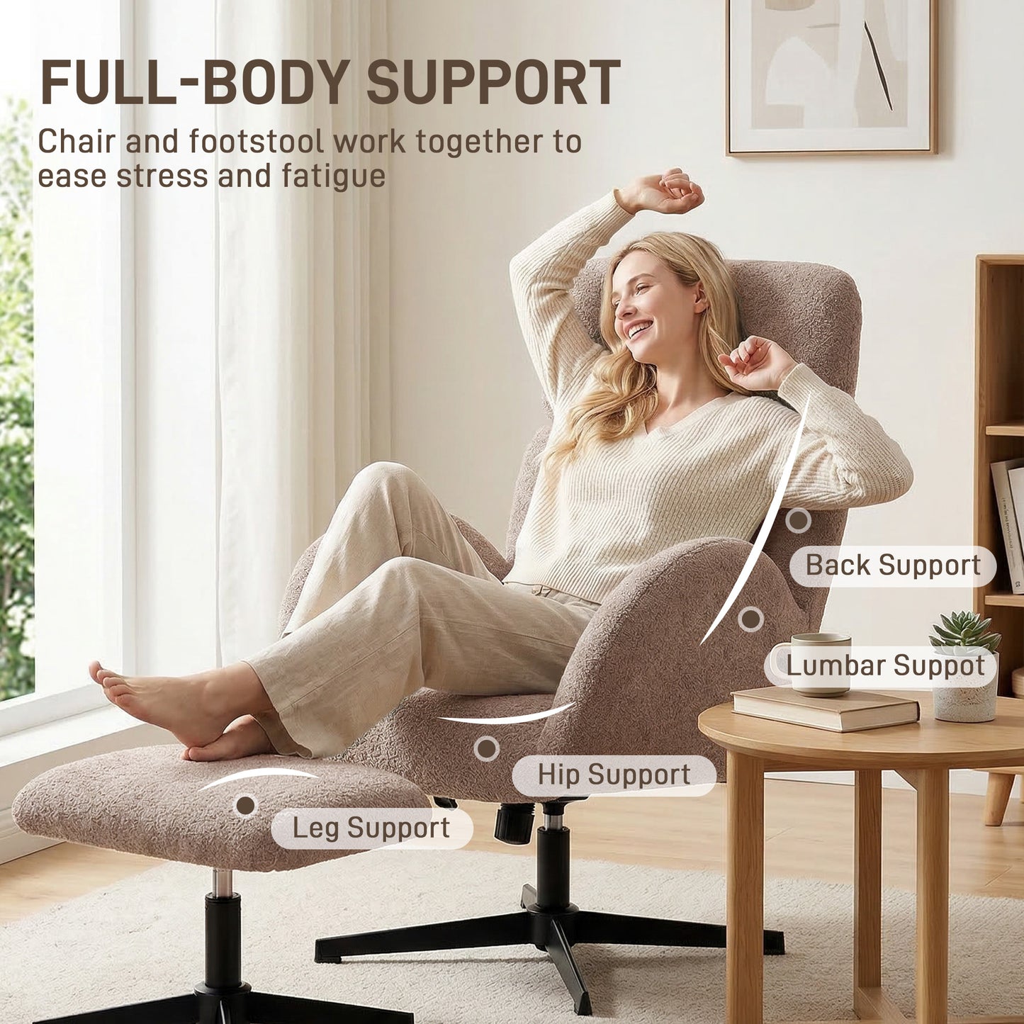HOMCOM Swivel Armchair And Footstool Set With Height Adjustable Headrest, Rocking Function, Light Brown Velvet