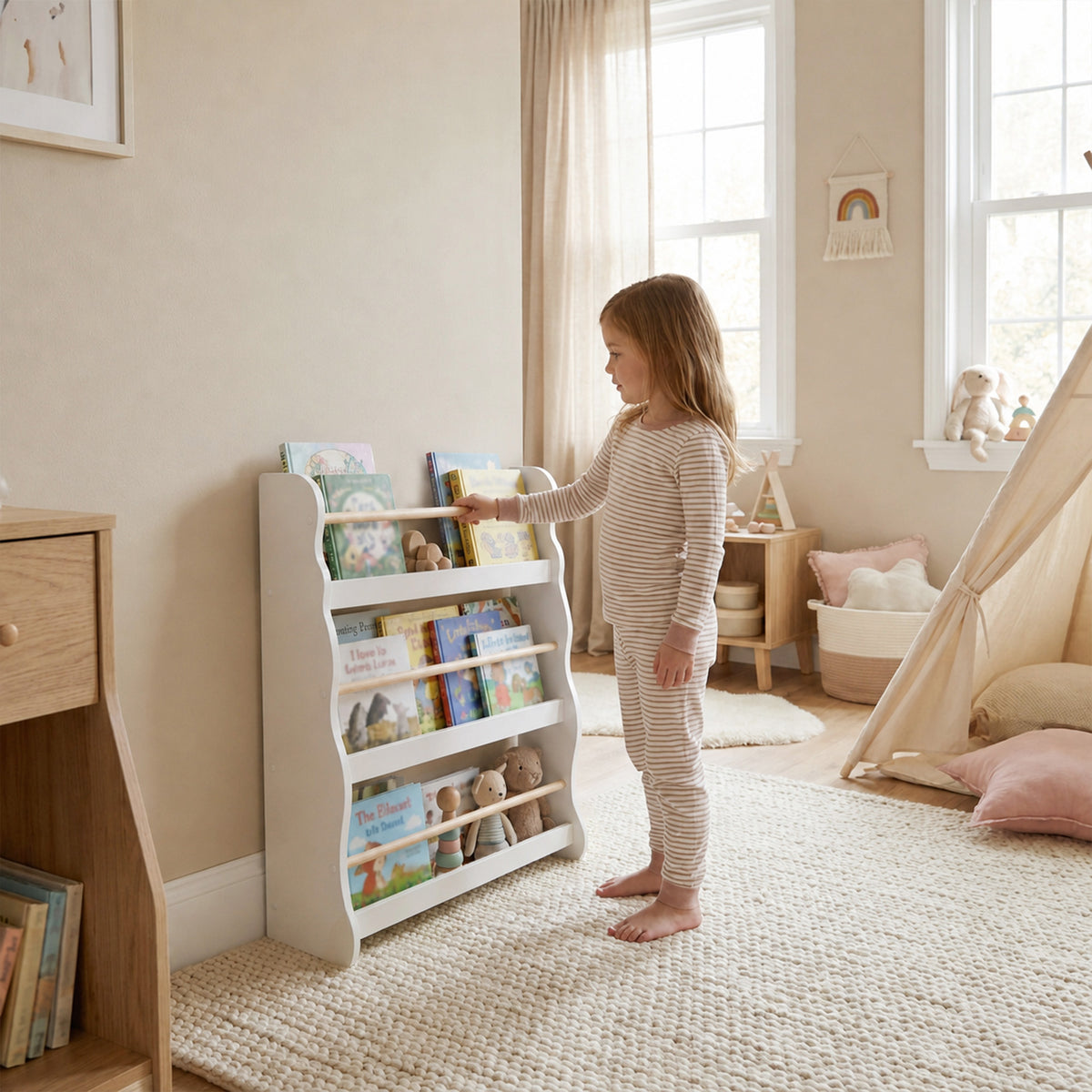 White kids bookshelf with three open tiers, books arranged on shelves