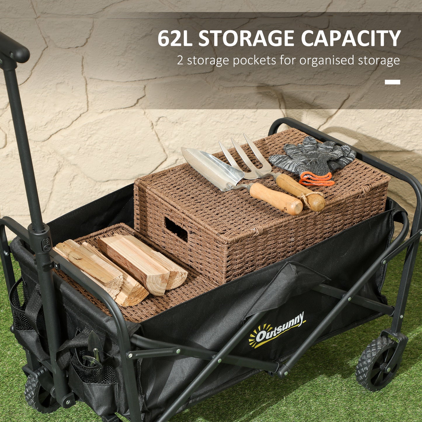Outsunny 62L Festival Trolley On Wheels Beach Cart 120 Kg Heavy Duty Collapsible Wagon With Adjustable Handle Black