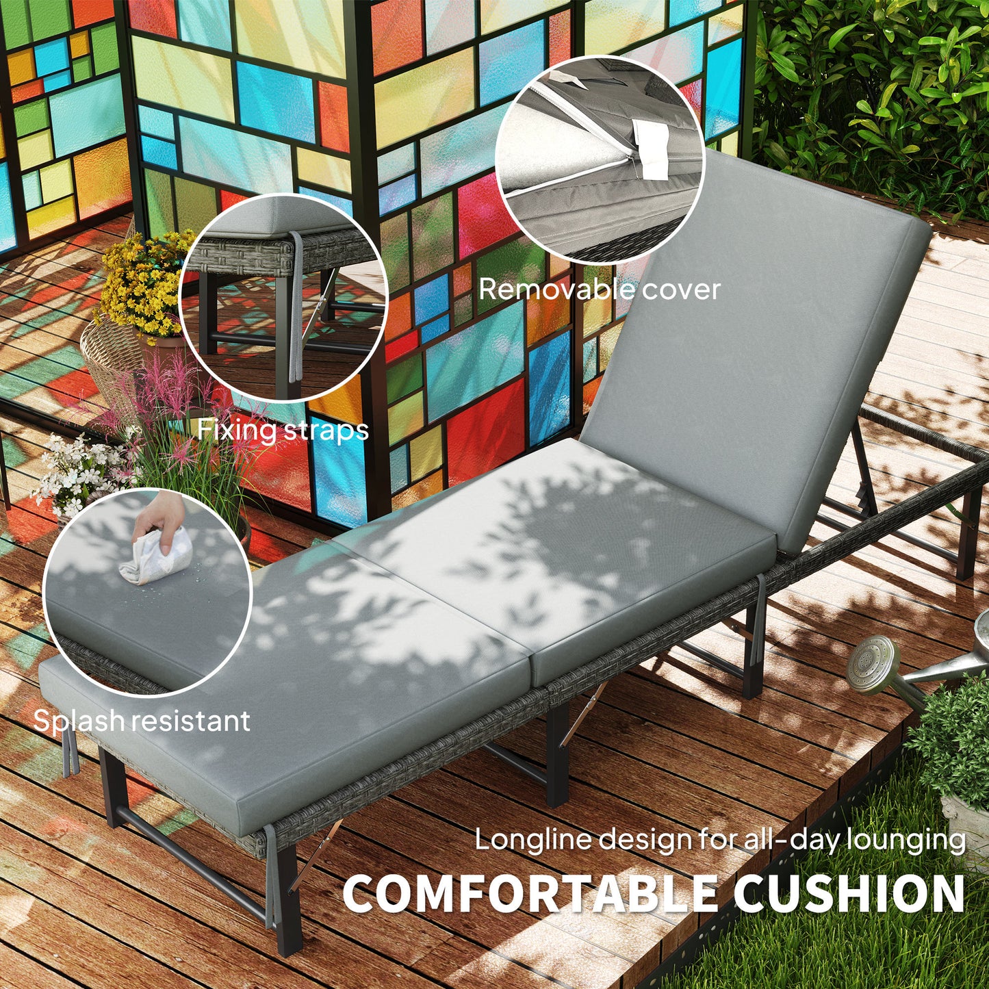 Outsunny Single Folding Rattan Sun Lounger With Cushion Grey Adjustable Back Six Position