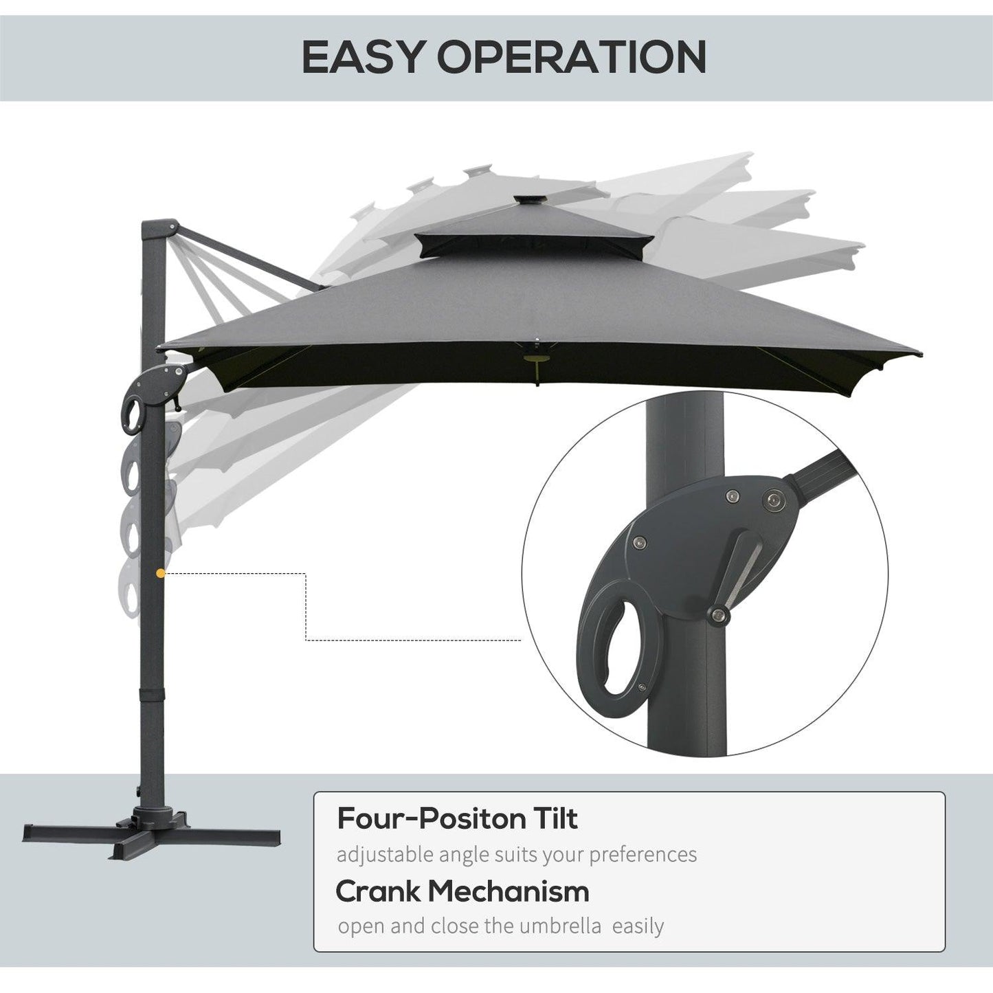 Outsunny 3x3m Cantilever Roma Parasol with LED Solar Light - Dark Gray - ALL4U RETAILER LTD