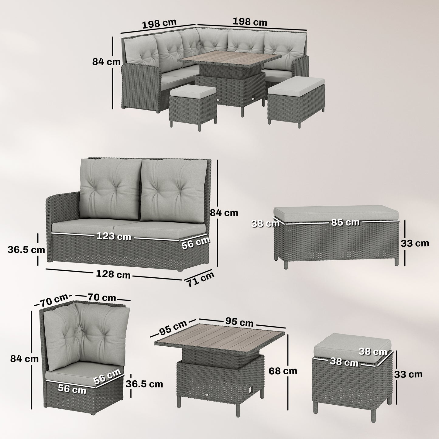 Outsunny Six Piece Outdoor PE Rattan Patio Furniture Set With Corner Sofa And Wicker Lounge Conversation Set