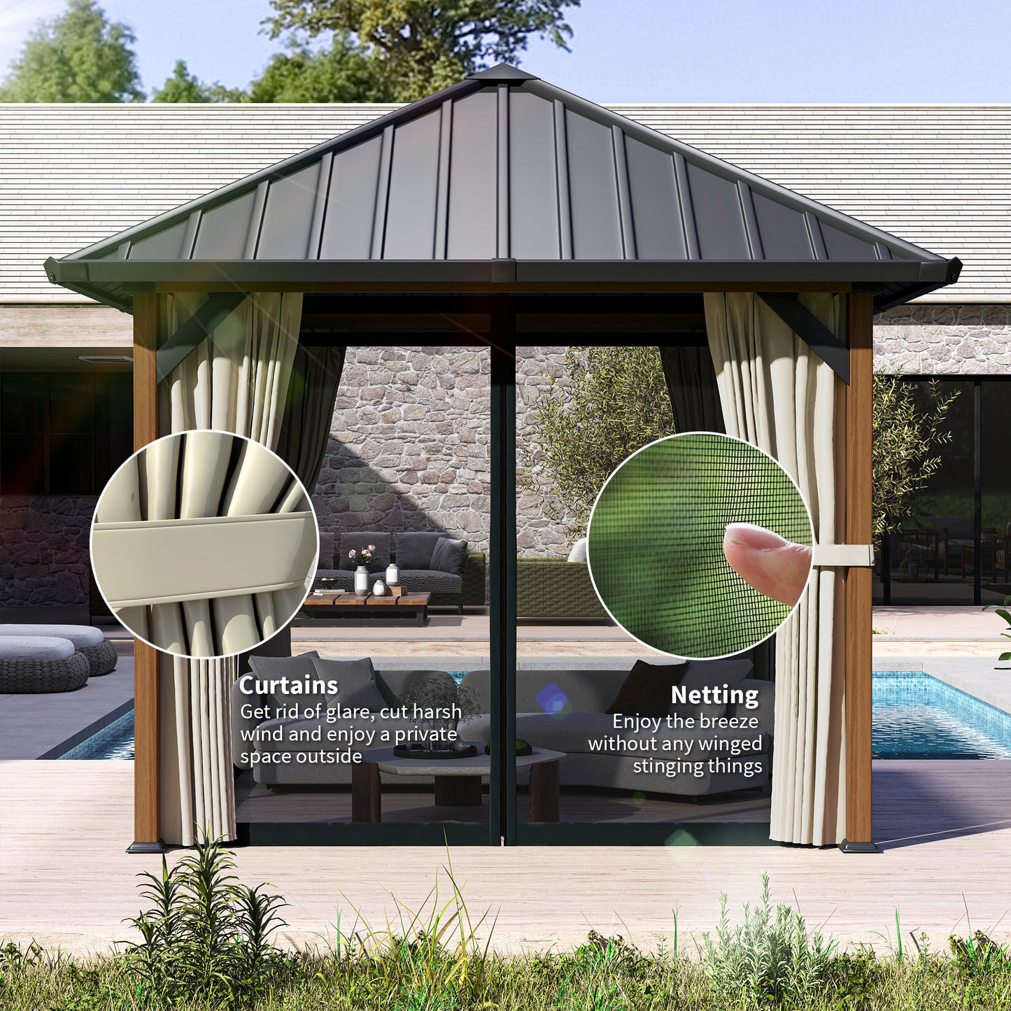 Outsunny 3x3m Hardtop Gazebo With Galvanised Roof Water Gutter Netting And Curtains For Patio Deck Walnut Wood Finish