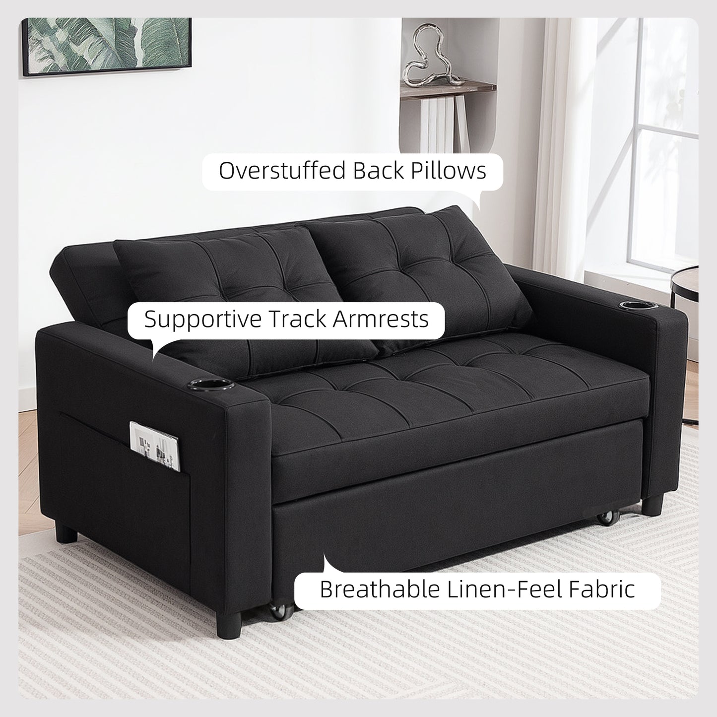 HOMCOM Two Seater Pull Out Sofa Bed In Black With 157 X 190 Cm Bed Size And High Density Foam Cushioned Comfort