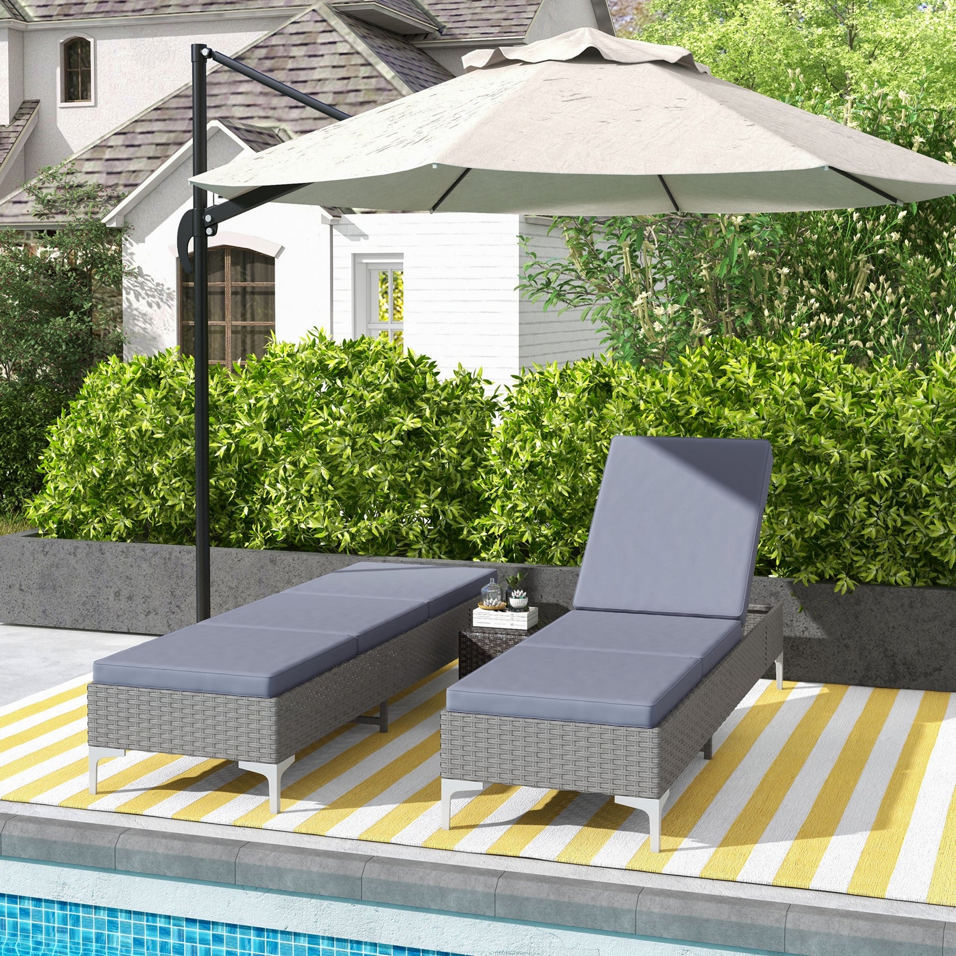 Outsunny Set of 2 Adjustable PE Rattan Sun Loungers with Cushions, Reclining Daybeds for Outdoor Relaxation - ALL4U RETAILER LTD