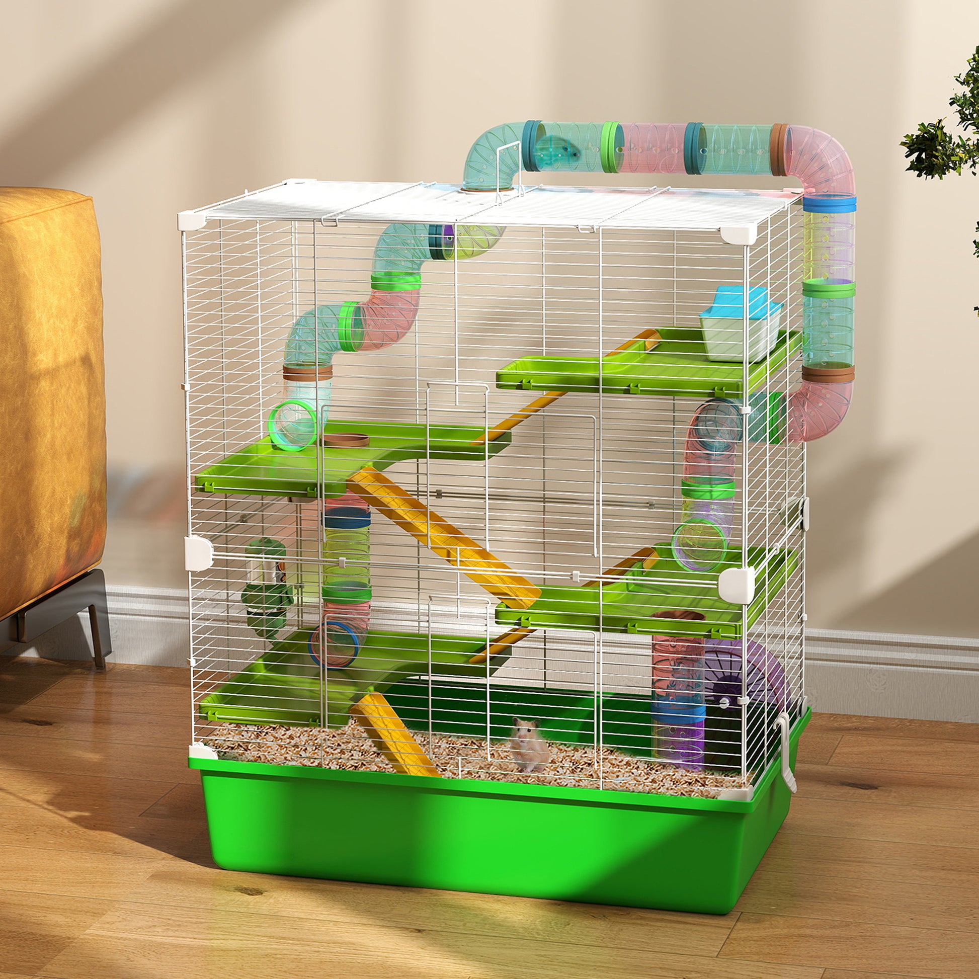 PawHut Spacious Hamster Habitat with Water Bottle, Exercise Wheel, and Fun Tubes - Green - ALL4U RETAILER LTD