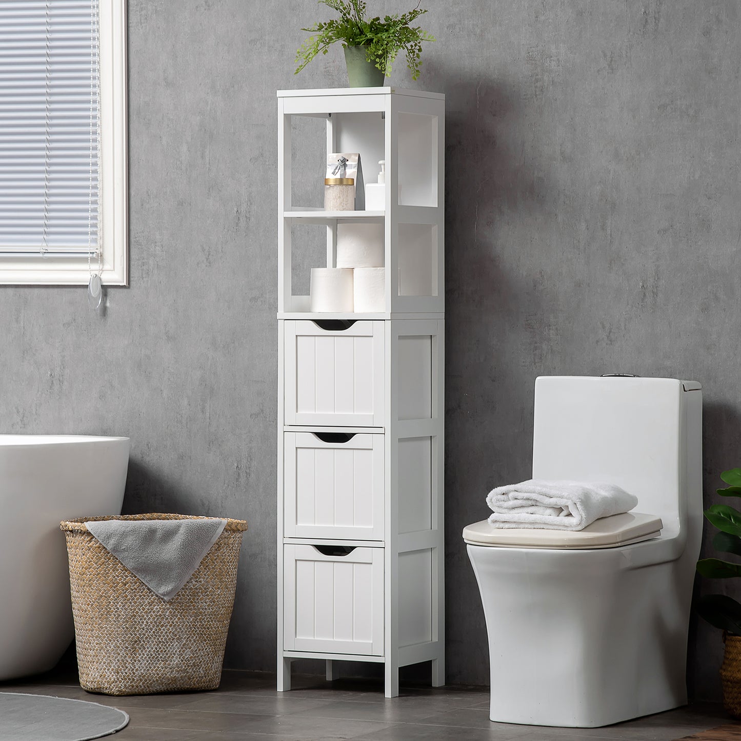 HOMCOM Narrow Floor Cabinet White With 3 Drawers And 2 Open Shelves For Bathroom And Kitchen Use 30W x 30D x 141.6H cm