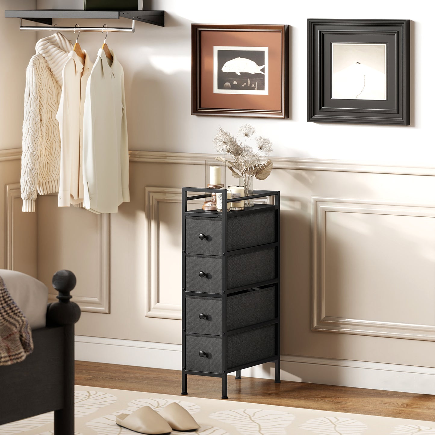 HOMCOM 4 Drawer Fabric Dresser Chest Slim Storage Cabinet With Steel Frame For Small Spaces Bedroom Black