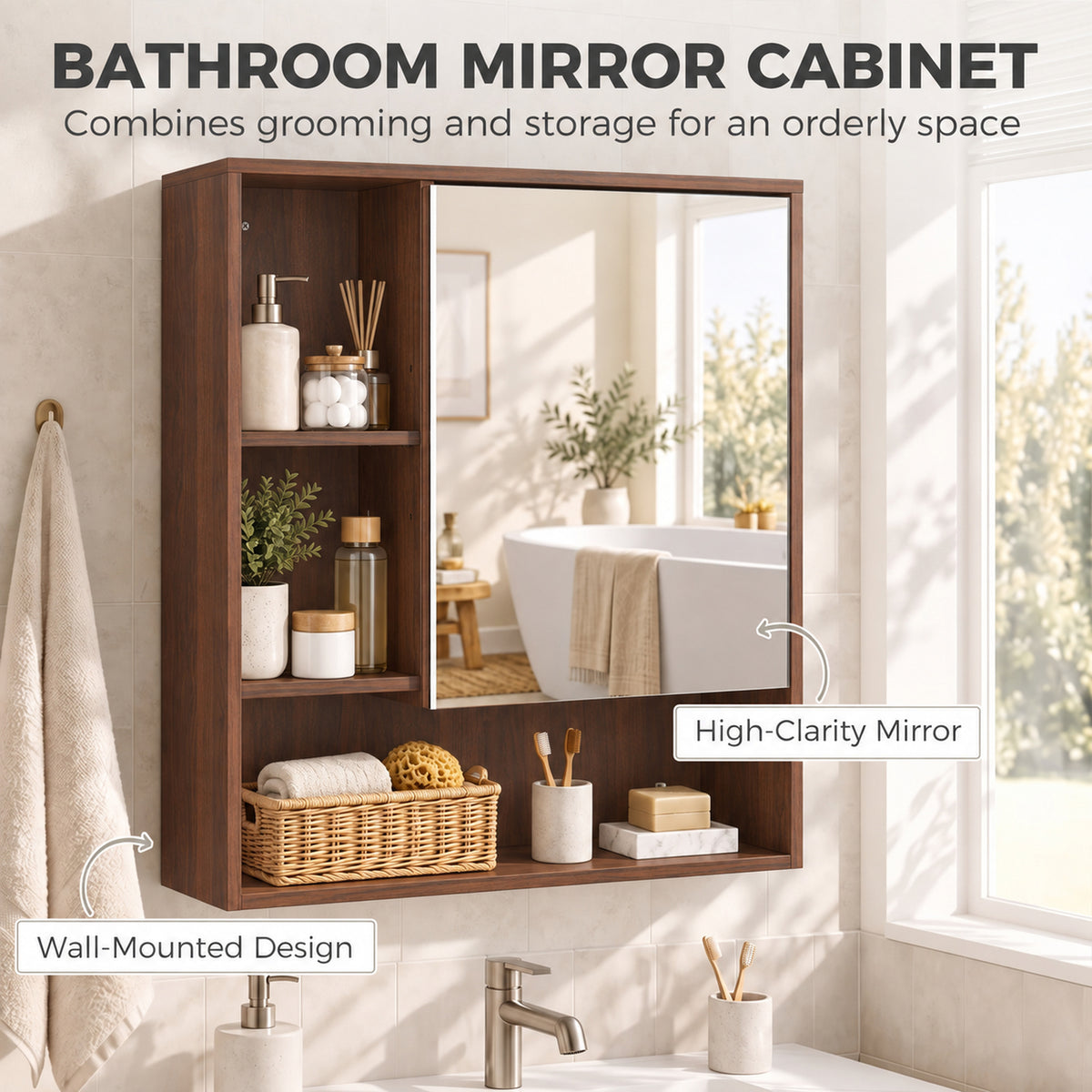 Walnut bathroom mirror cabinet with open shelves and a clear mirrored door