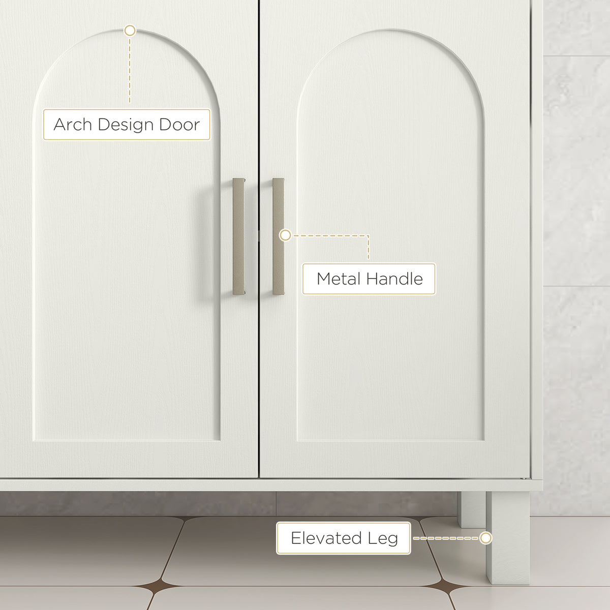 Cream cabinet front view with arched doors, metal handles, and elevated legs