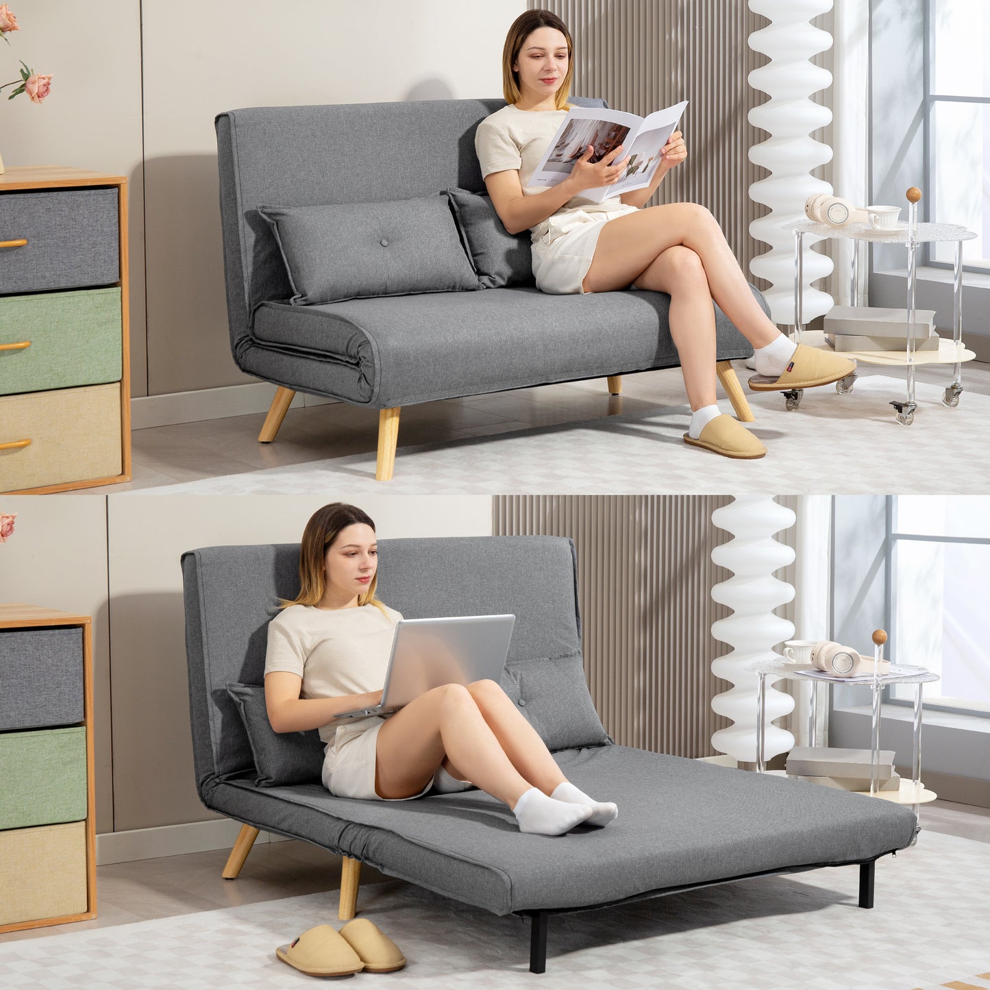 HOMCOM Two Seater Linen Look Sofa Bed in Grey With Click Clack Mechanism For Daybed Or Guest Sleeper